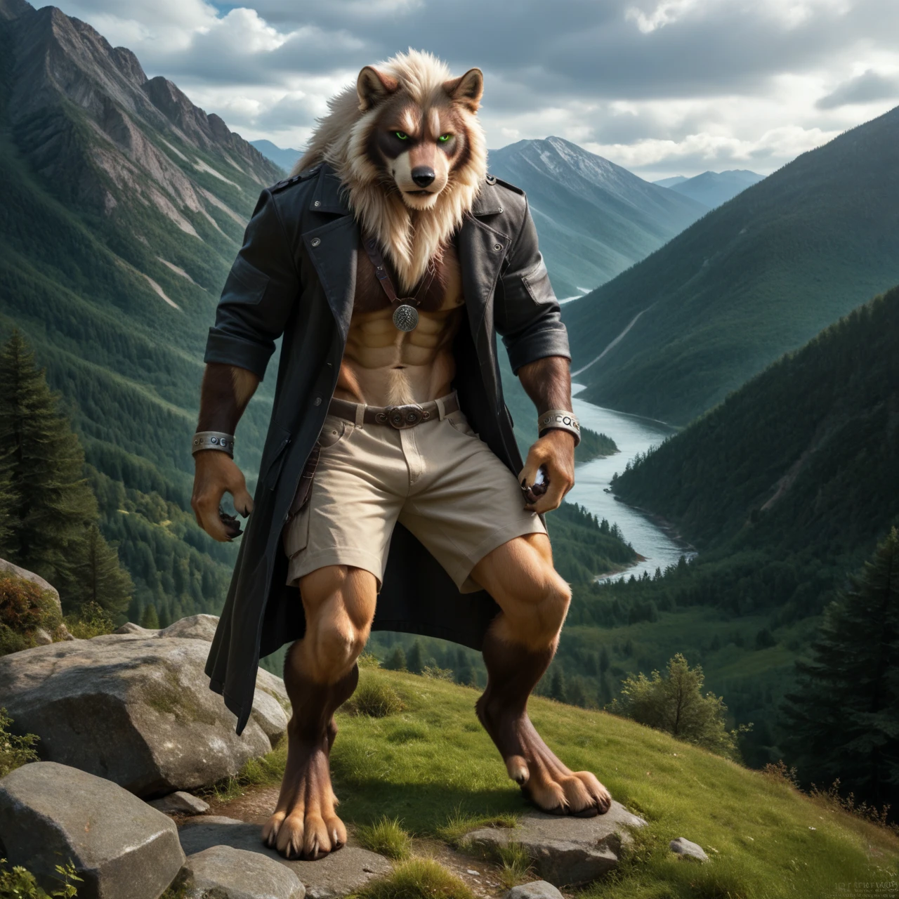 score_9, score_8_up, score_7_up, score_6_up, wolverine, male, with mane, fighter, shorts, anthro, climbs up the rock face, human-like hands, (detailed background), nature, in the high mountains, white fur, (solo), high quality, furred body, paws, handpaw, fluffy, silver bracelets on all legs, silver bracelets on the calf, with claws, silver collar with medallion, intense panther-coat-pattern on the entire body, makes grimaces, strong dark coat markings, (detailed eyes, green eyes), slightly muscled, highly detailed, realistic white fur, beautiful, photorealism, photorealistic, dslr, photo, full body, pawpads, paw pads, dutch angle