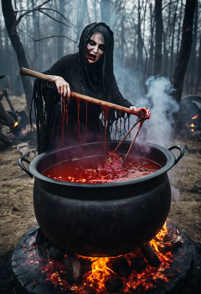 Undead wounded witch is boiled in a huge cauldron, blood, horror atmosphere, death