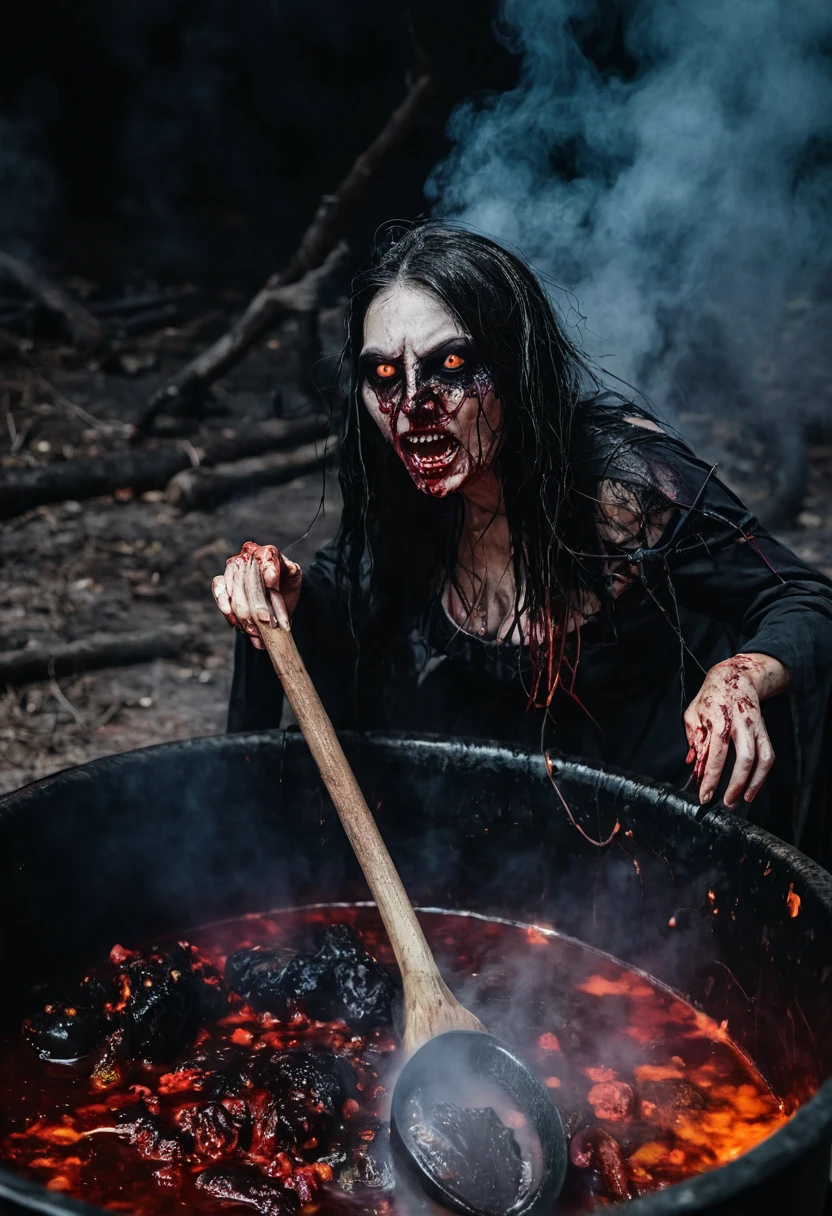 Undead wounded witch is boiled in a huge cauldron, blood, horror atmosphere, death