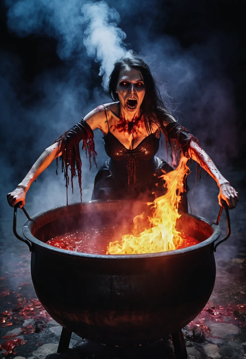 Undead wounded witch is boiled in a huge cauldron, blood, horror atmosphere, death