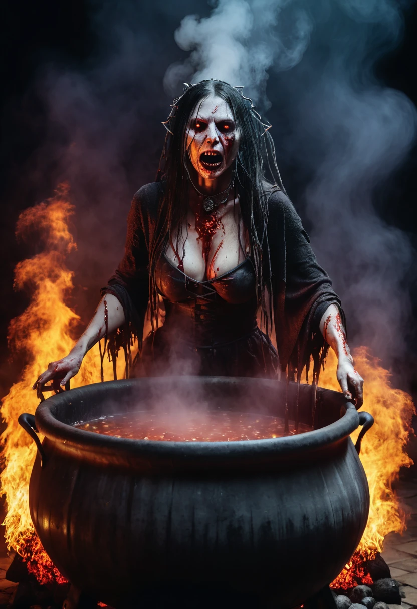 Undead wounded witch is boiled in a huge cauldron, blood, horror atmosphere, death