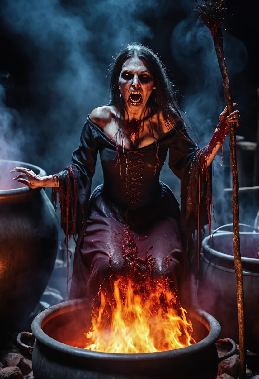 Undead wounded witch is boiled in a huge cauldron, blood, horror atmosphere, death