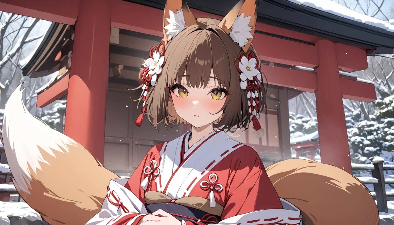 (((Best quality, 8k, Masterpiece: 1.3)), ((best quality)), ((masterpiece)), (detailed), perfect face, brown hair, short hair, fox ears, Japanese shrine maiden, New Year, shrine, shrine maiden costume, fox tail, snow