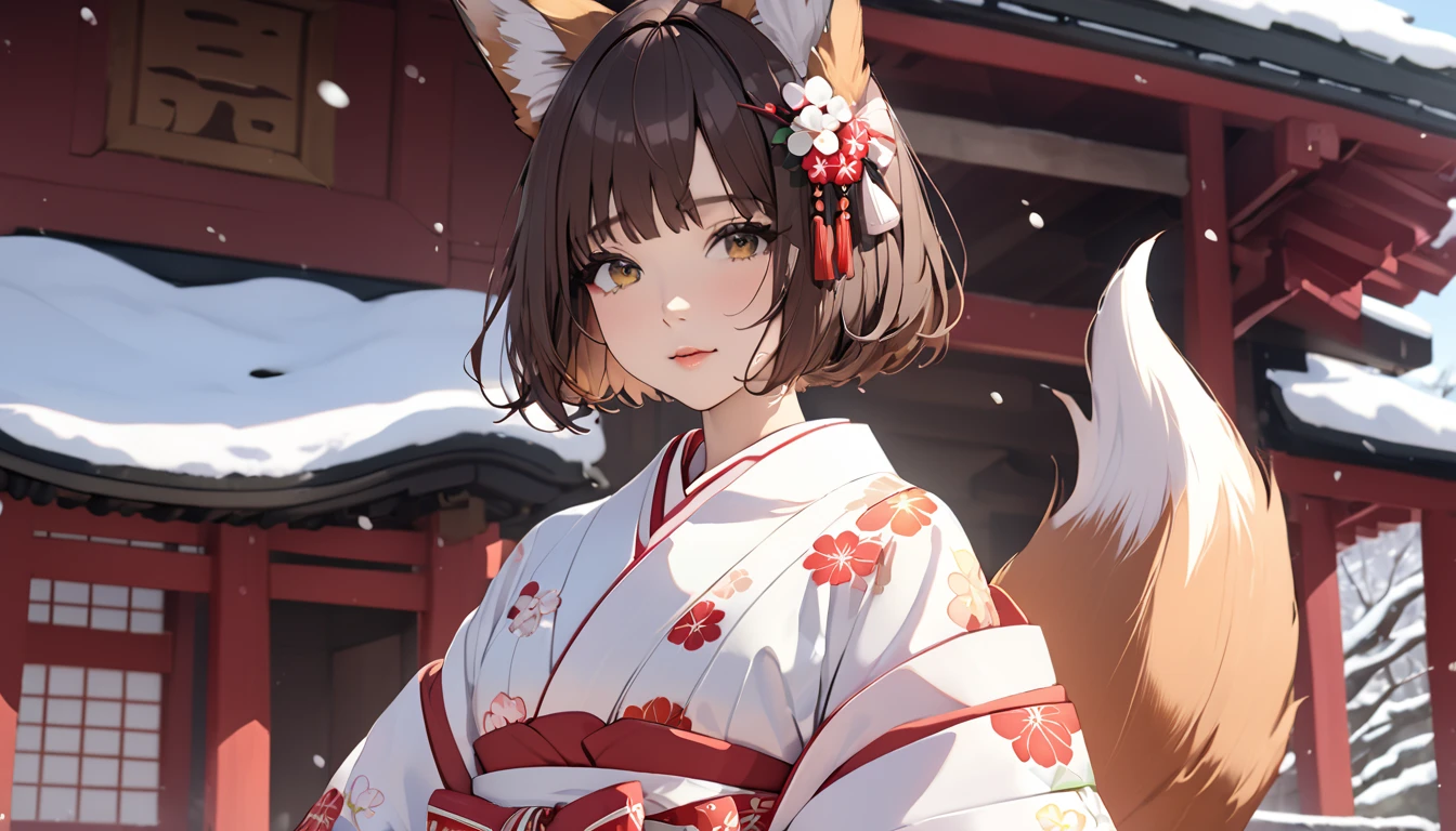 (((Best quality, 8k, Masterpiece: 1.3)), ((best quality)), ((masterpiece)), (detailed), perfect face, brown hair, short hair, fox ears, Japanese shrine maiden, New Year, shrine, shrine maiden costume, fox tail, snow