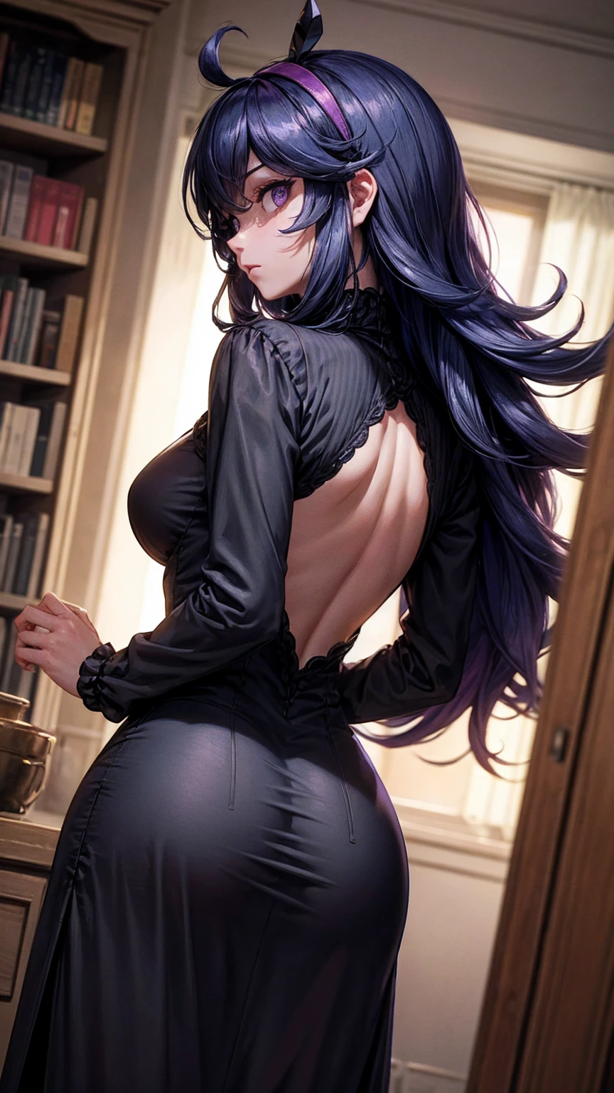 great masterpiece, (Unreal Engine), reality:1.5, Ultra-fine, Rich Contrast, High Quality, 8k, Hi-Res Texture, Amazing Absolute Resolution, Advanced Settings, colorful, Clear Images, DIGITAL BLENDING, (Hasselblad Photography, Distorted angle of view), 

beautiful woman, hex maniac,  headband,  messy hair,  purple eyes, Purple Hair, purple  headband, @ @,
black  dress,  dress, long  dress,  Long Sleeve ,  Juliet sleeve,correct,

indoor, library,  bend your back,
viewers, cowboy shot, Dutch angle to the side,