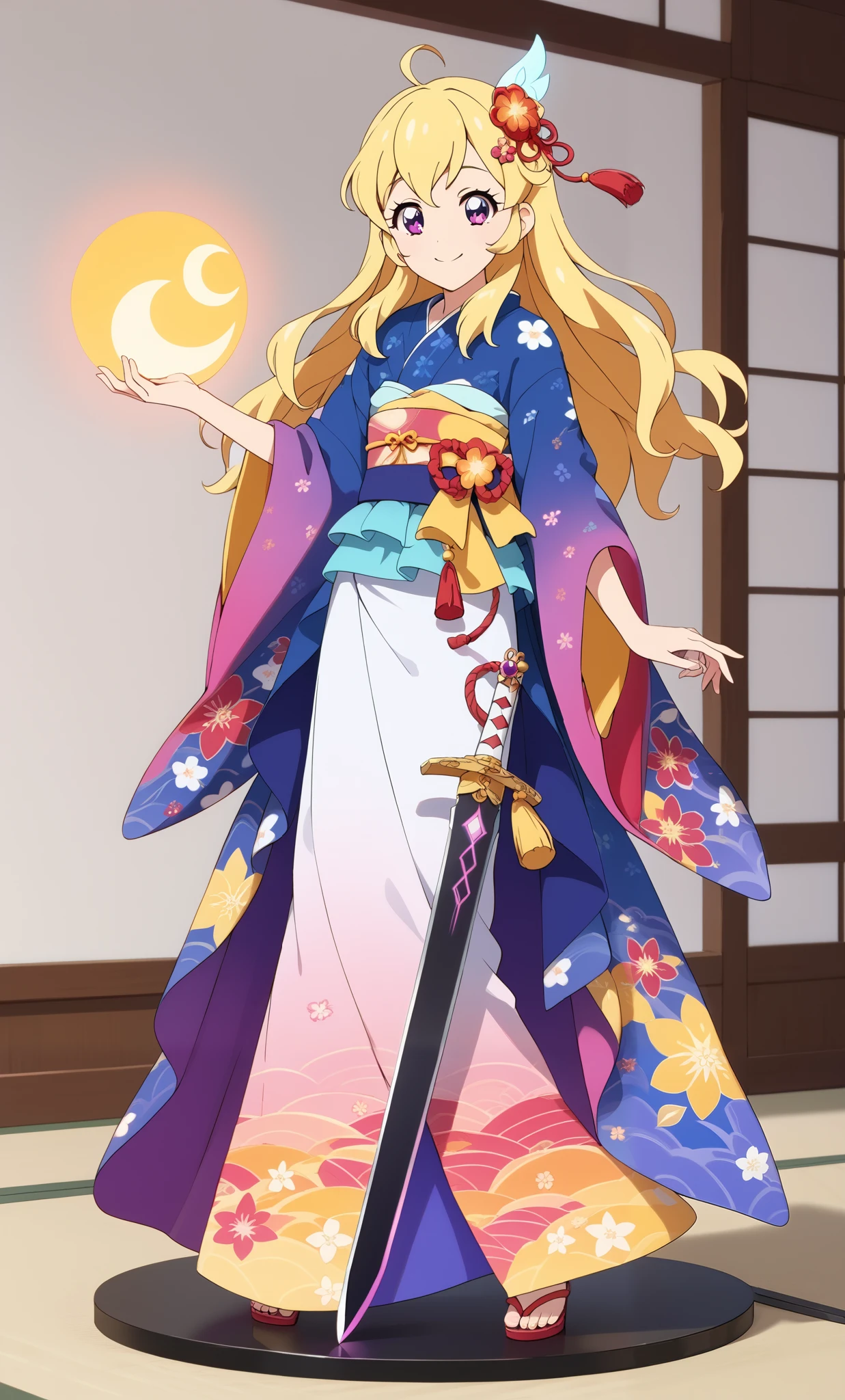 aikatsu,Blonde_HAIR,RED_HAIR_bandmasterpiece,best quality,ultra-detailed,super detailed skin,an extremely delicate and beautiful,beautiful detailed eyes,in1, 8K,miniature,(phantom impact),a little smile,dark effect,camellia flower pattern on kimono(black color),full body paint,black sword in hand,hair ornament,((long yellow hair)),geta,glowing ornament,purple glowing electric shocks,20 year old man,glowing skin, hem,obi clip,in the shrine,solar eclipse