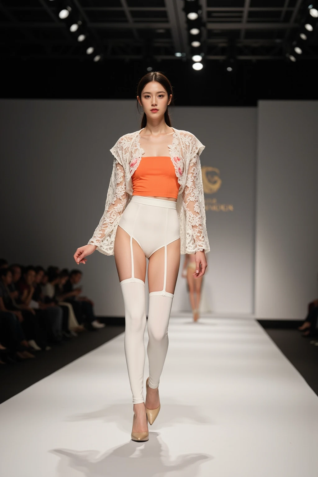 8K,Full body photo,A 14-year-old Asian woman,Wear underwear,jewelry,slimfigure,perfect bodies,Fashion show,Barefoot