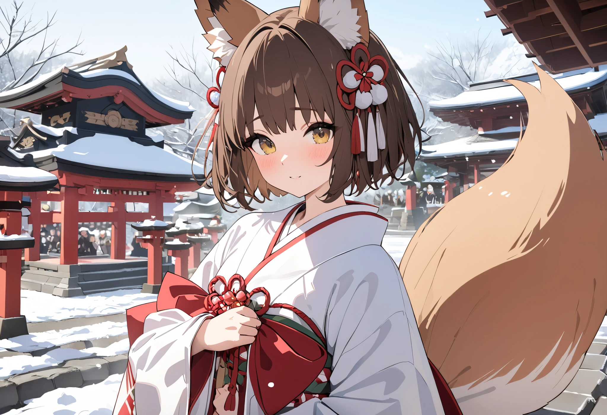 (((Best quality, 8k, Masterpiece: 1.3)), ((best quality)), ((masterpiece)), (detailed), perfect face, brown hair, short hair, fox ears, Japanese shrine maiden, New Year, shrine, shrine maiden costume, fox tail, snow