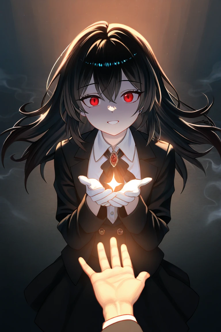 A seven-year-old boy stands with stunning red eyes and tousled black hair, embodying an aura of sadness, in a dark underworld filled with swirling fog and indistinct shapes.  His expression reflects deep sorrow as ghostly hands emerge from the darkness, reaching out to him and pulling him down into the abyss.  In stark contrast, a luminous, ethereal, and radiant white hand extends towards him from above, symbolizing hope and salvation.  The boy, with a mix of hesitation and longing, extends his small hand upwards to grasp this beacon of light.  The scene captures a backdrop, with dark threads of shadow contrasting with the soft glow of the helping hand, creating an evocative atmosphere reminiscent of expressionist paintings.  Subtle hints of surrealism and dream-like quality add to the emotional depth, inviting viewers to explore themes of despair and hope. On the other half, white hands and a green garden signify bliss and stability.