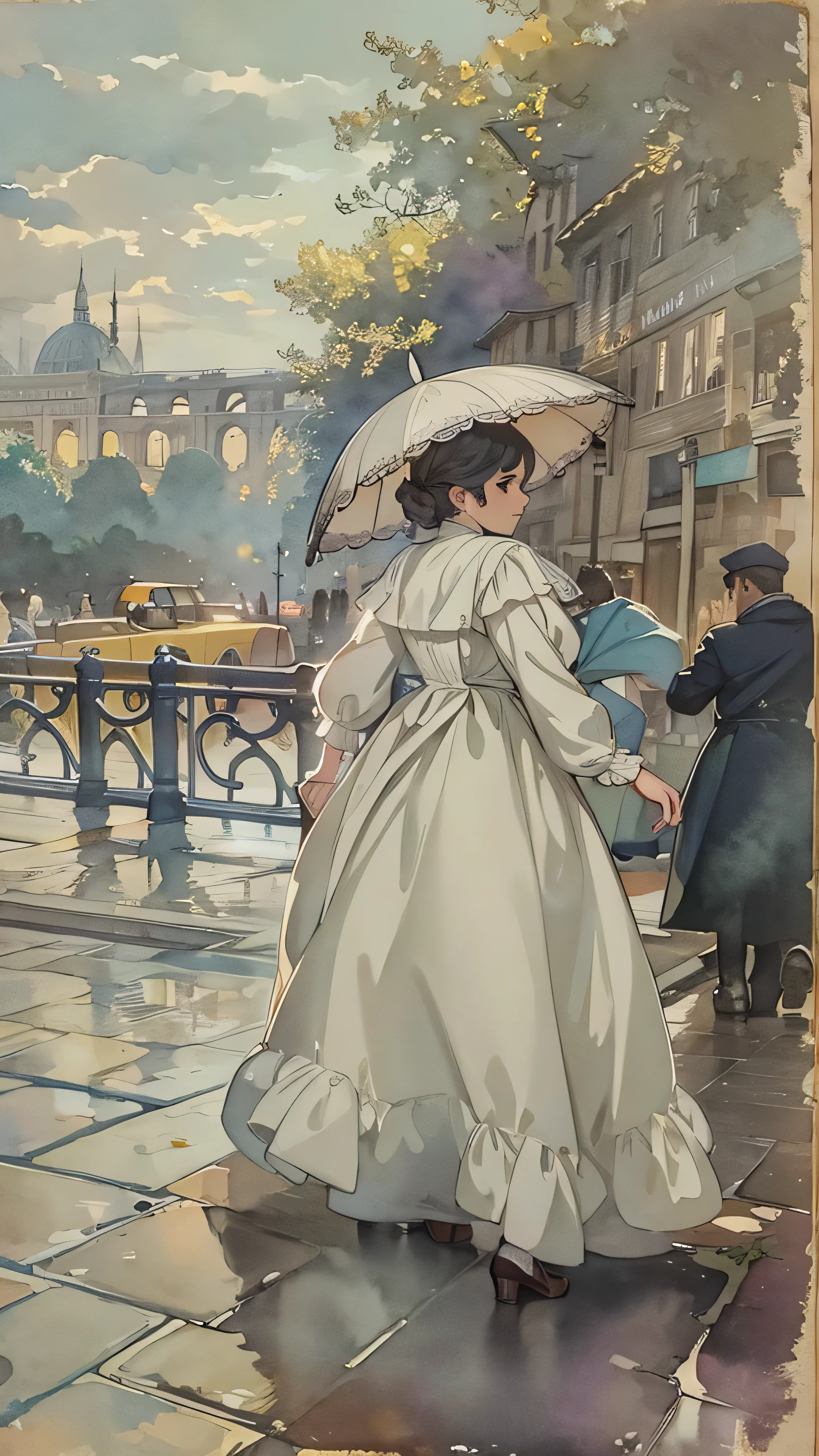 Paris , Storm scene, Edwardian Woman in White, watercolor  