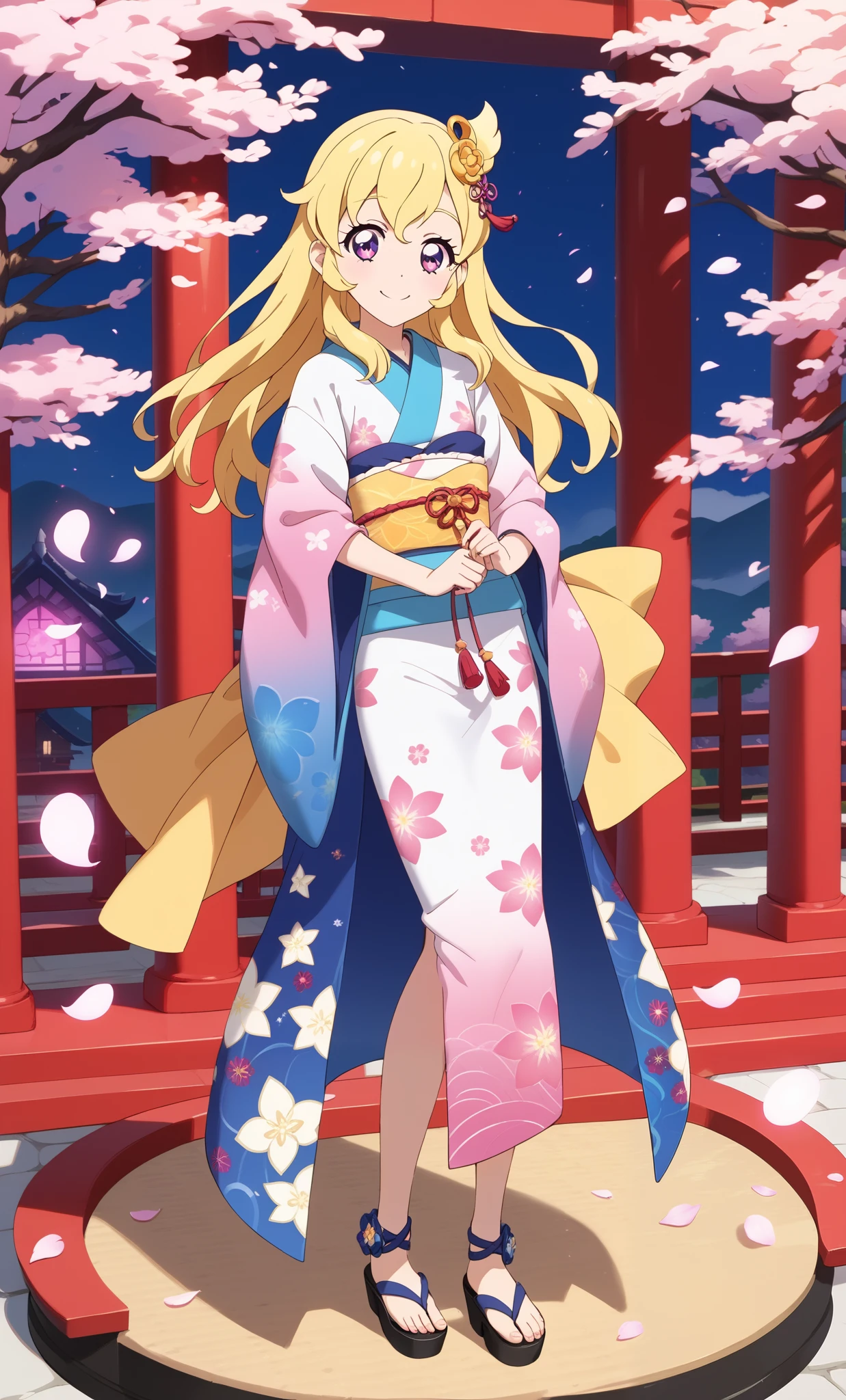 aikatsu,Blonde_HAIR,RED_HAIR_bandmasterpiece,best quality,ultra-detailed,super detailed skin,an extremely delicate and beautiful,beautiful detailed eyes,in1, 8K,miniature,(phantom impact),a little smile,dark effect,camellia flower pattern on kimono(black color),full body paint,black sword in hand,hair ornament,((long yellow hair)),geta,glowing ornament,purple glowing electric shocks,20 year old man,glowing skin, hem,obi clip,in the shrine,solar eclipse