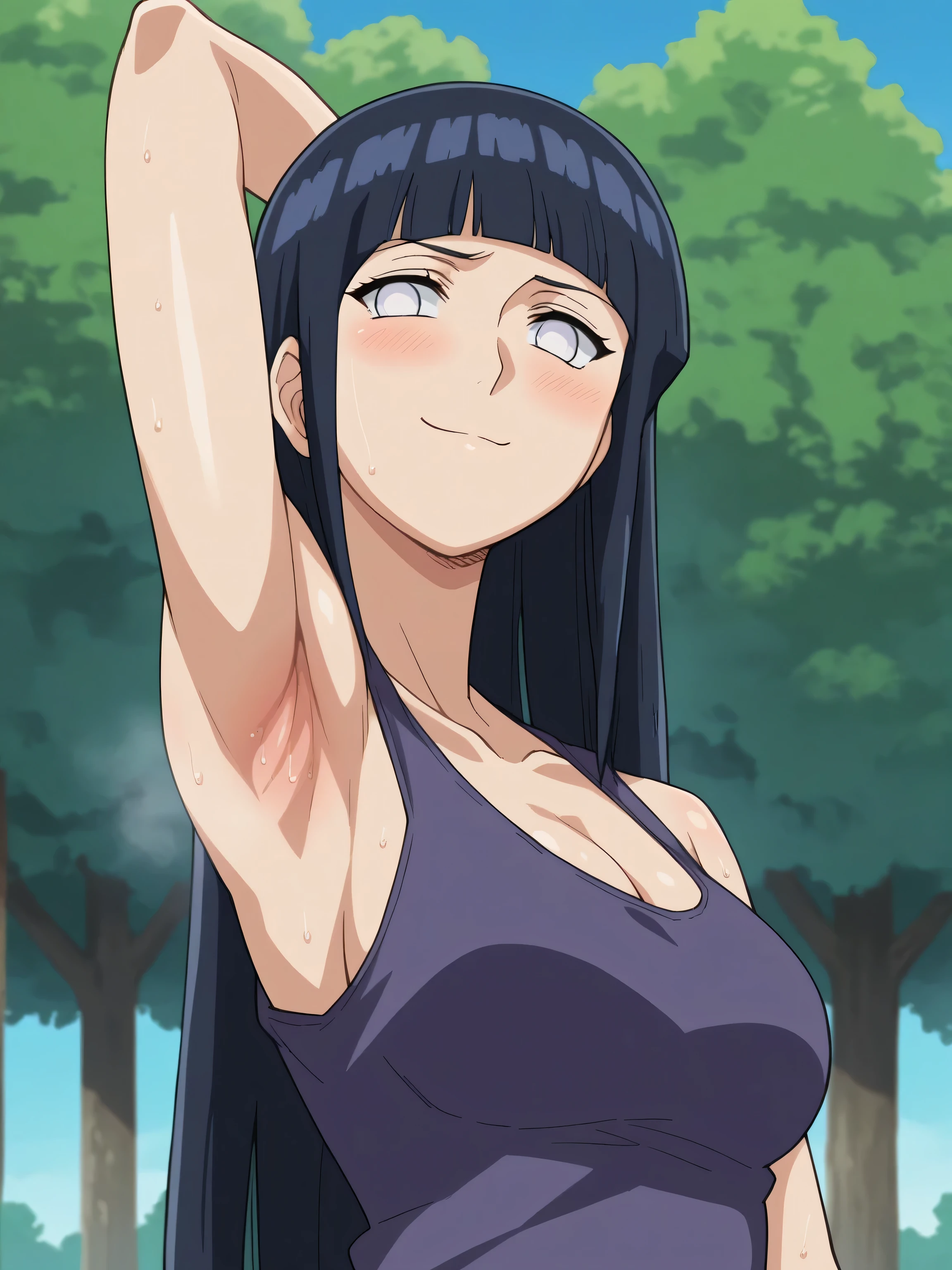 score_9, score_8_up, score_7_up, source_anime, anime screencap, 1girl, solo, HinataHyugaNXL, no pupils, white eyes, black hair, long hair, blunt bangs, mediun breasts, black tank top, cleavage, arms behind head, armpits, looking at viewer, head towards viewer, smile, badhandv4, outdoors, day, park, blush, bare shoulders, bare arms, sweaty, closed mouth 