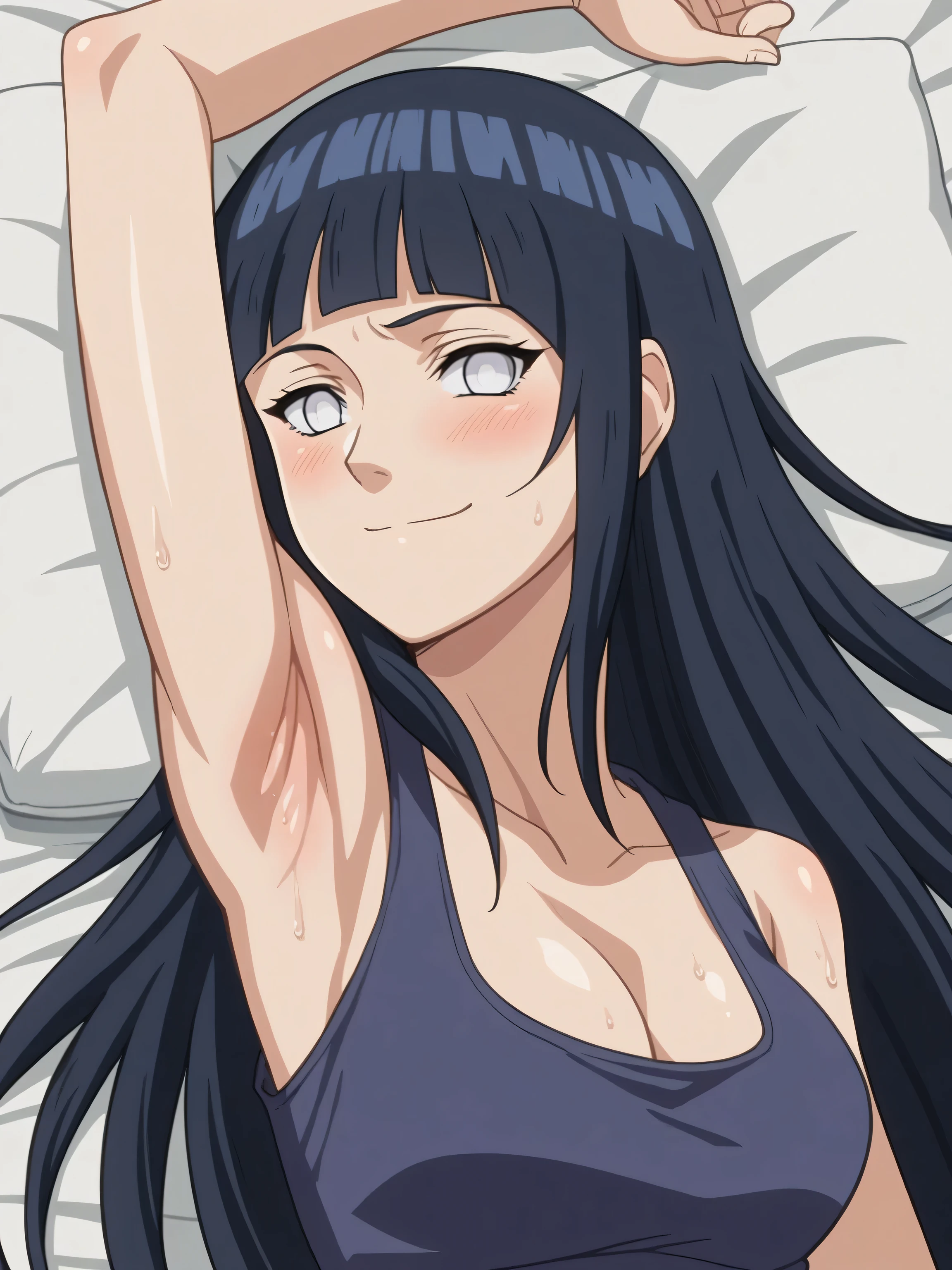 score_9, score_8_up, score_7_up, source_anime, anime screencap, 1girl, solo, HinataHyugaNXL, no pupils, white eyes, black hair, long hair, blunt bangs, mediun breasts, black tank top, cleavage, arms behind head, armpits, looking at viewer, head towards viewer, smile, badhandv4, outdoors, day, park, blush, bare shoulders, bare arms, sweaty, closed mouth 