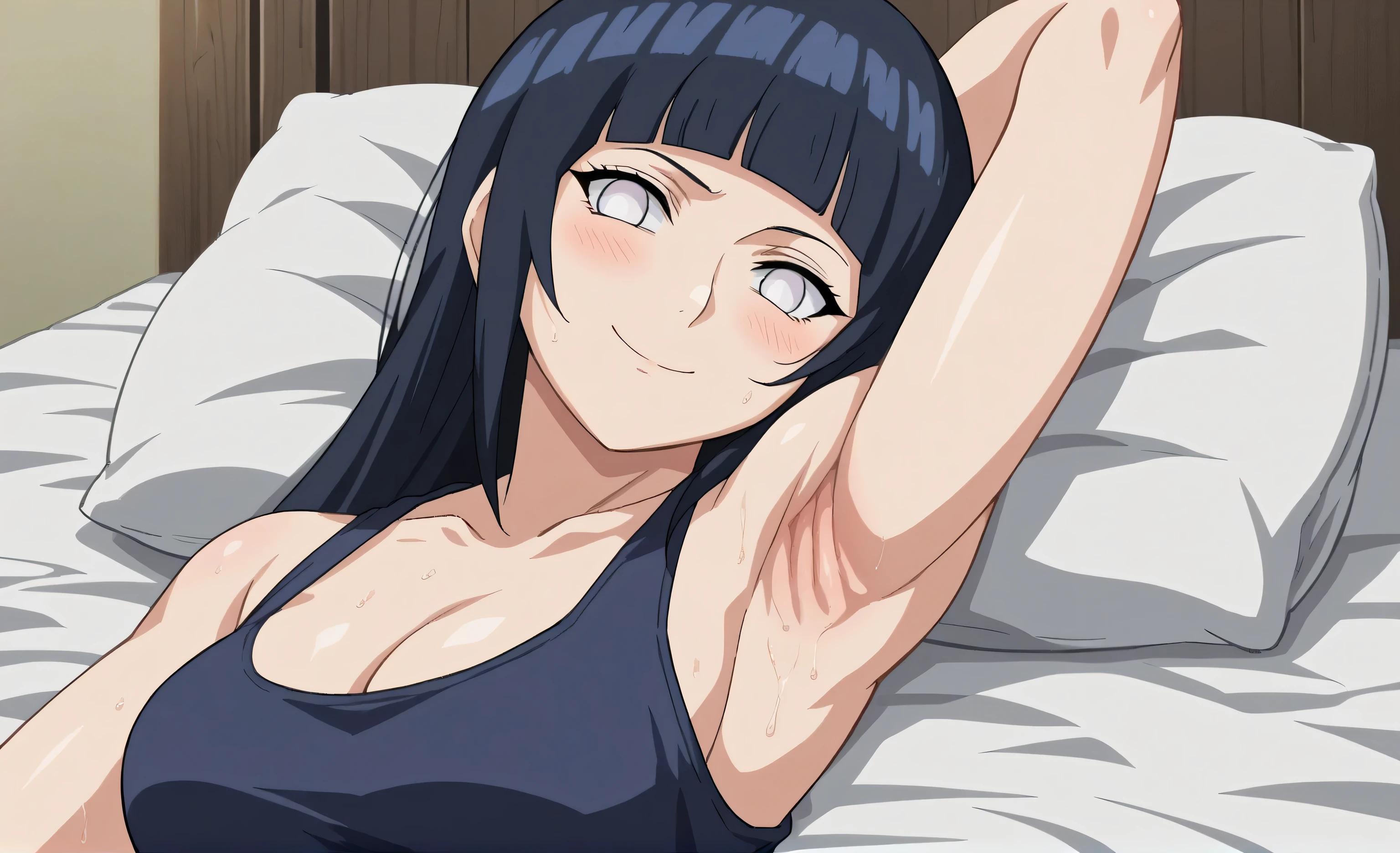 score_9, score_8_up, score_7_up, source_anime, anime screencap, 1girl, solo, HinataHyugaNXL, no pupils, white eyes, black hair, long hair, blunt bangs, mediun breasts, black tank top, cleavage, arms behind head, armpits, looking at viewer, head towards viewer, smile, badhandv4, outdoors, day, park, blush, bare shoulders, bare arms, sweaty, closed mouth 