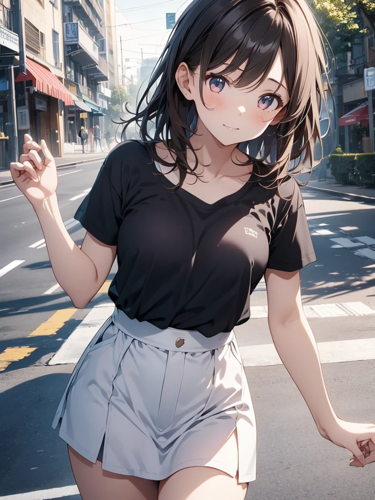 woman,14 years old,,city,night,(((white and blue tight miniskirt))),,open mouth smile(())(See-through),(()),((Nariko Saten)),blush、surprised face,((())),((turn around and look back))(wet with sweat)