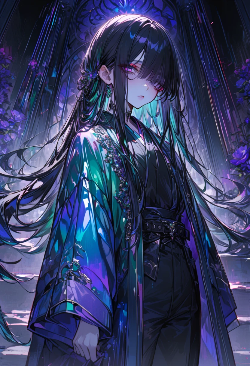 juvenile, long hair,Neutral, slender,Beautiful,Bangs that hide the left eye, black hair,Hairstyle with steps ,Big butt , purple eyes,Eyes that shine like jewels ,Iridescent iris, under eyes are red, gradation lips , standing,pants, black shirt, red makeup, Flower Green Blue Kimono Coat,絶世のBeautiful,蠱惑的な美juvenile, almond-shaped eyes ,Droopy eyes,makeup, Japanese,Baby Face