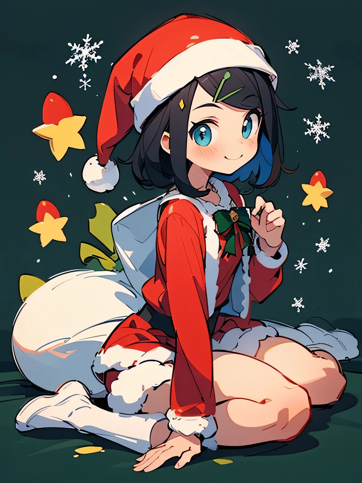 (( wariza)),(front view),( chibi),Alone,18years old,pokemonliko, hairclip,smile,( Christmas:1.3),( Santa Claus costume),( Santa Claus hat), carnival party,(manga style),(sketch),(illustration),