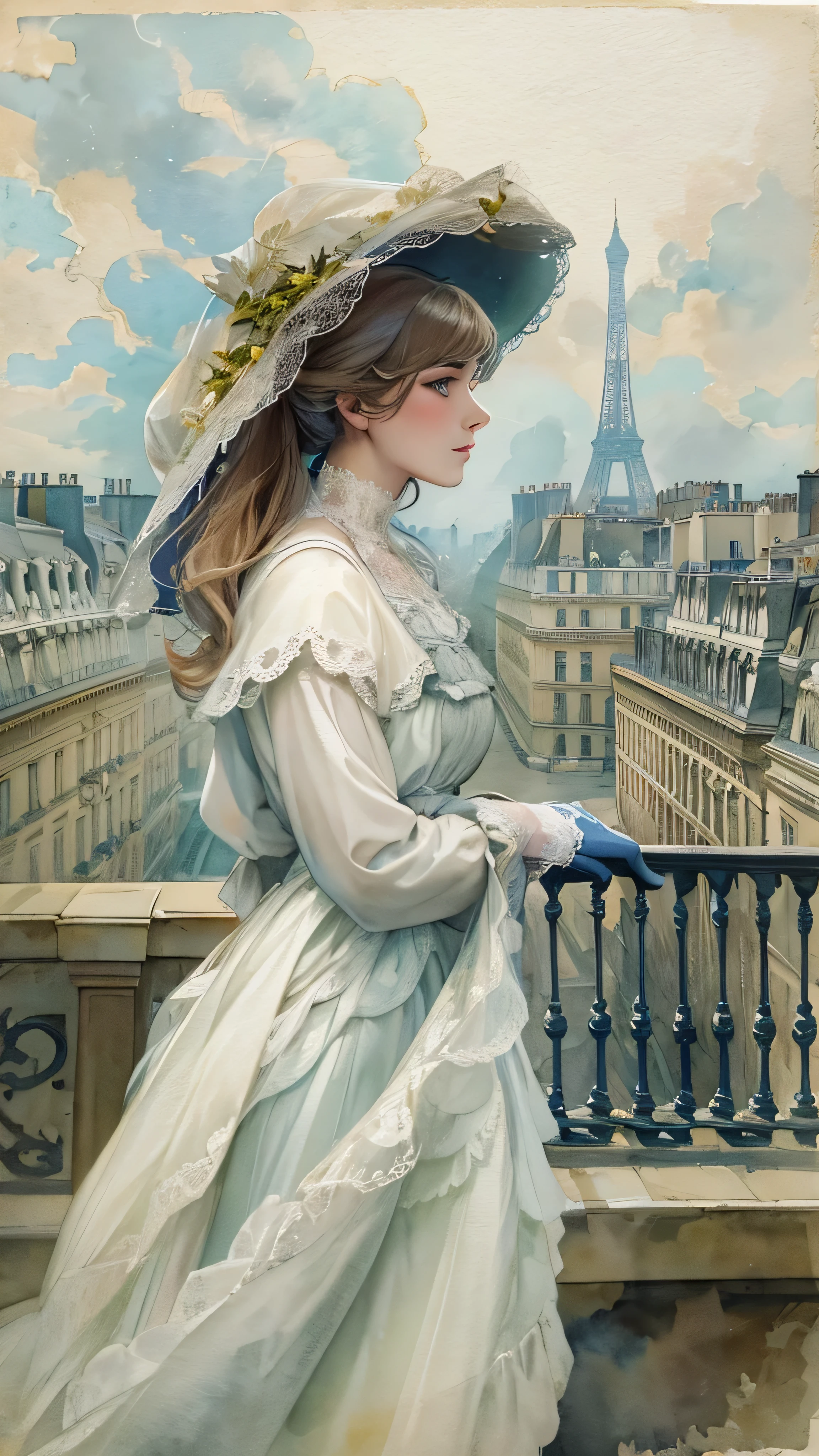 Paris , Storm scene, Edwardian Woman in White, watercolor  