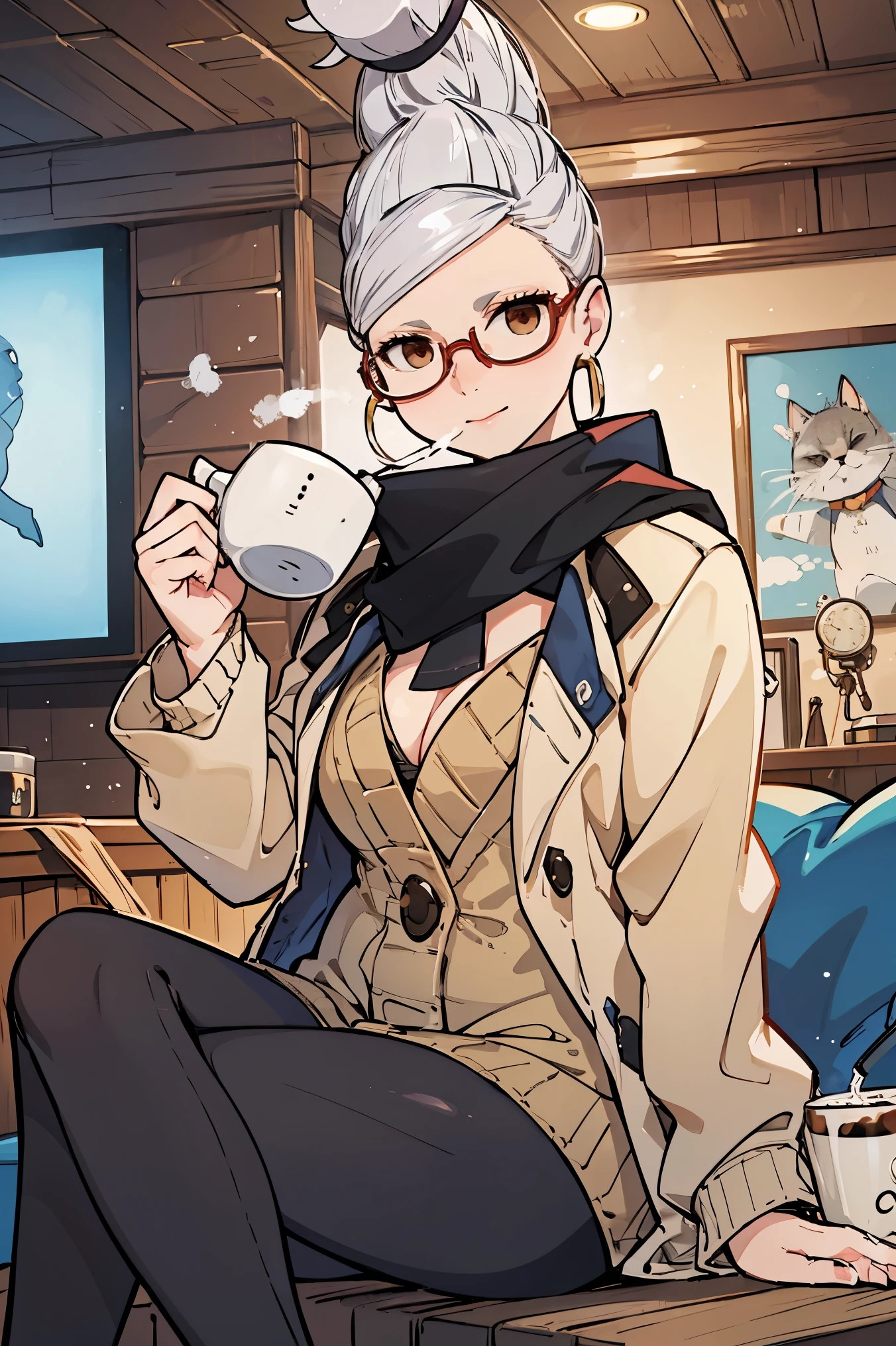 Woman,alone,jacket,skirt,winter,night, home,living room,smile,sitting sofa,Hot coffee cup,heater,best quality,high quality,super detail,high details