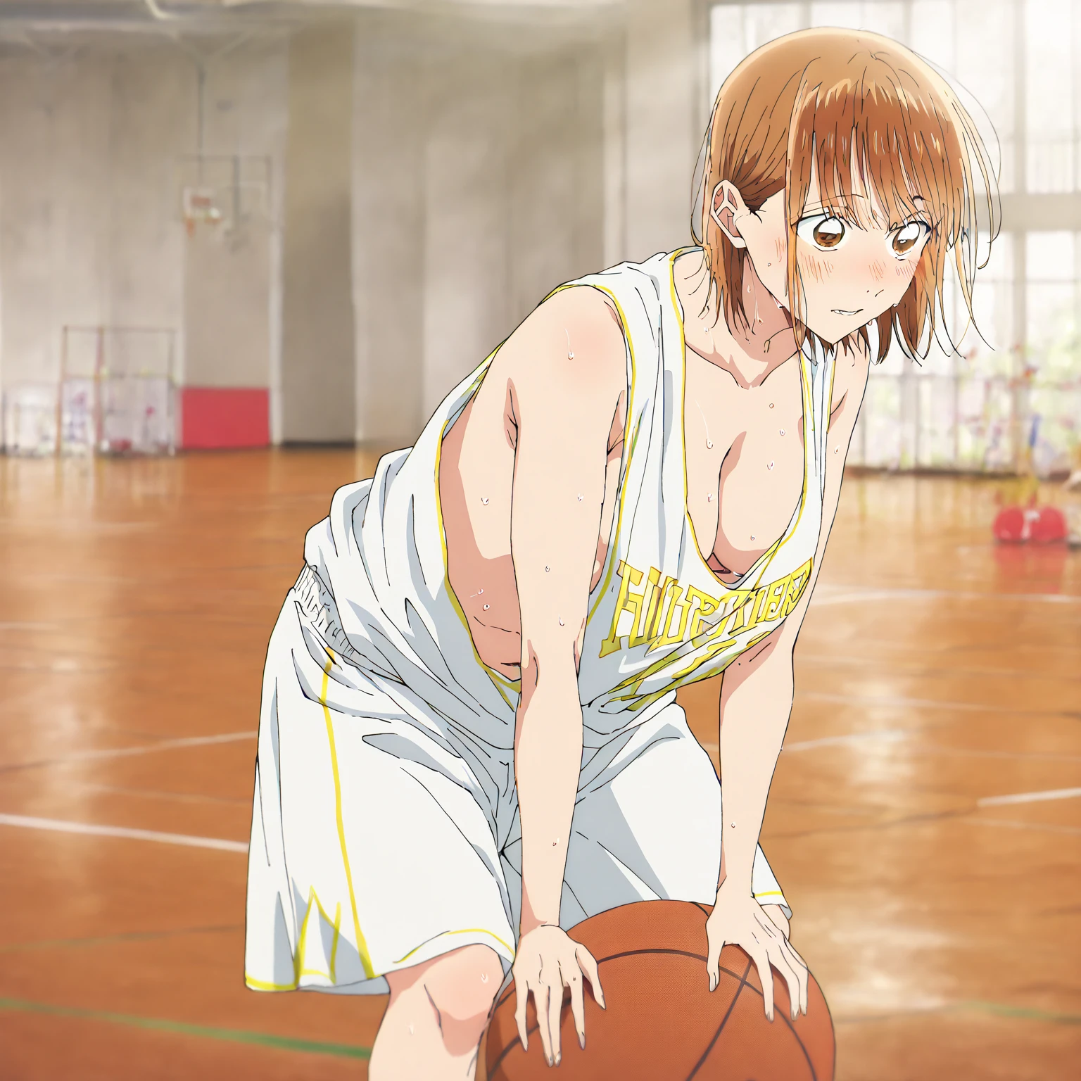       1 girl, Alone, Chinatsu,     Blurred Background,       brown eyes、       basketball uniform with a basketball in one hand 、  shirtless in the lobby、NSFW、      tank top 、Bibs、 Inside is black 、naked 、  Skindent 、   large areolas supporting breasts 、      lean forward     、   put your hands on your knees、      small 、belly button、Gym、       basketball only      、    viewers, masterpiece,  top quality,       High Quality     ,             very aesthetic         ,       absurd、(       sleeveless 、  basketball only      、side、side汗、   blush、 sweaty、Raise your face  、    dribble、Move)、execution、     hopeless、      sweated、In motion、 basketball ring      