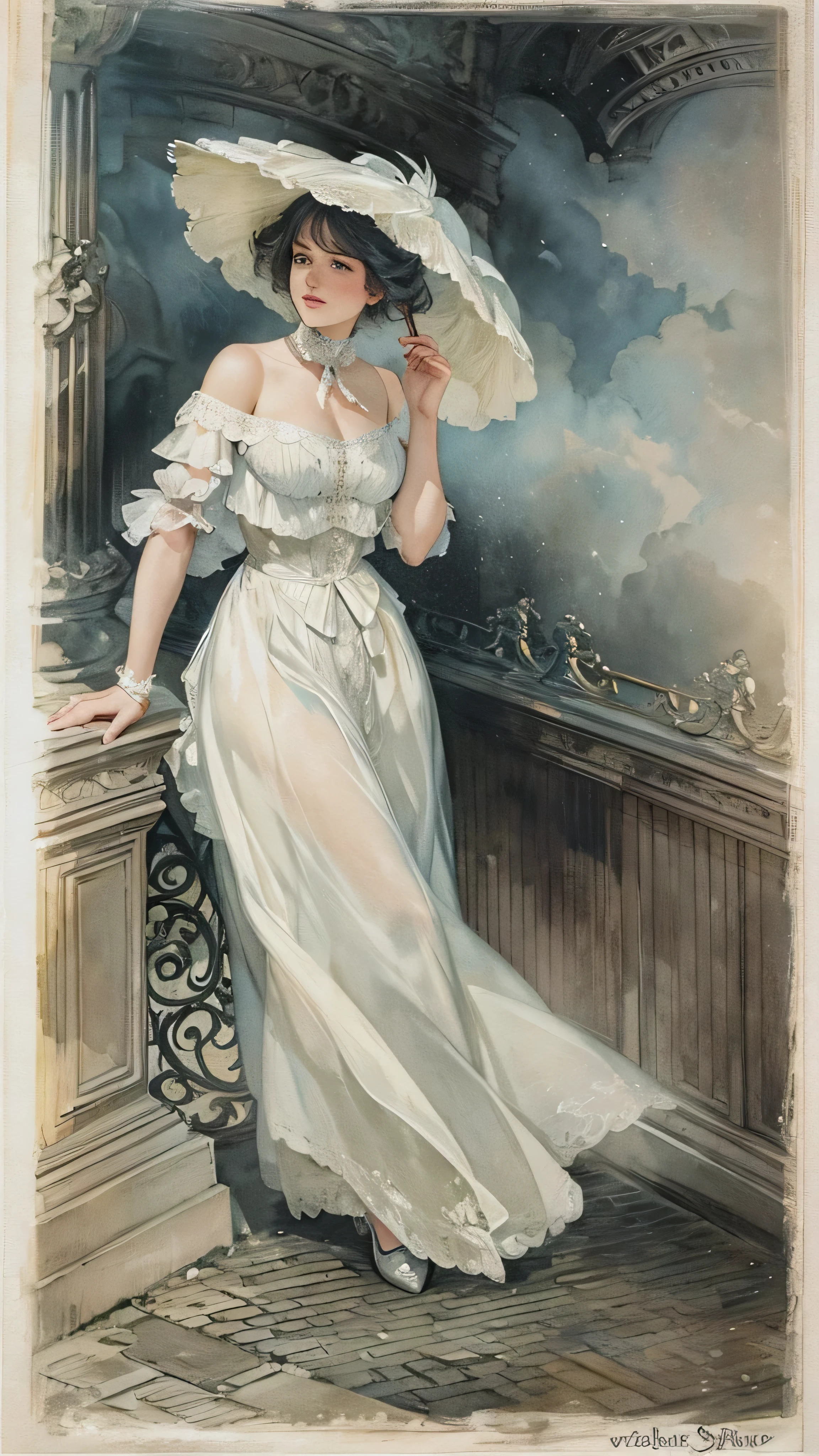 Paris , Storm scene, Edwardian Woman in White, watercolor  