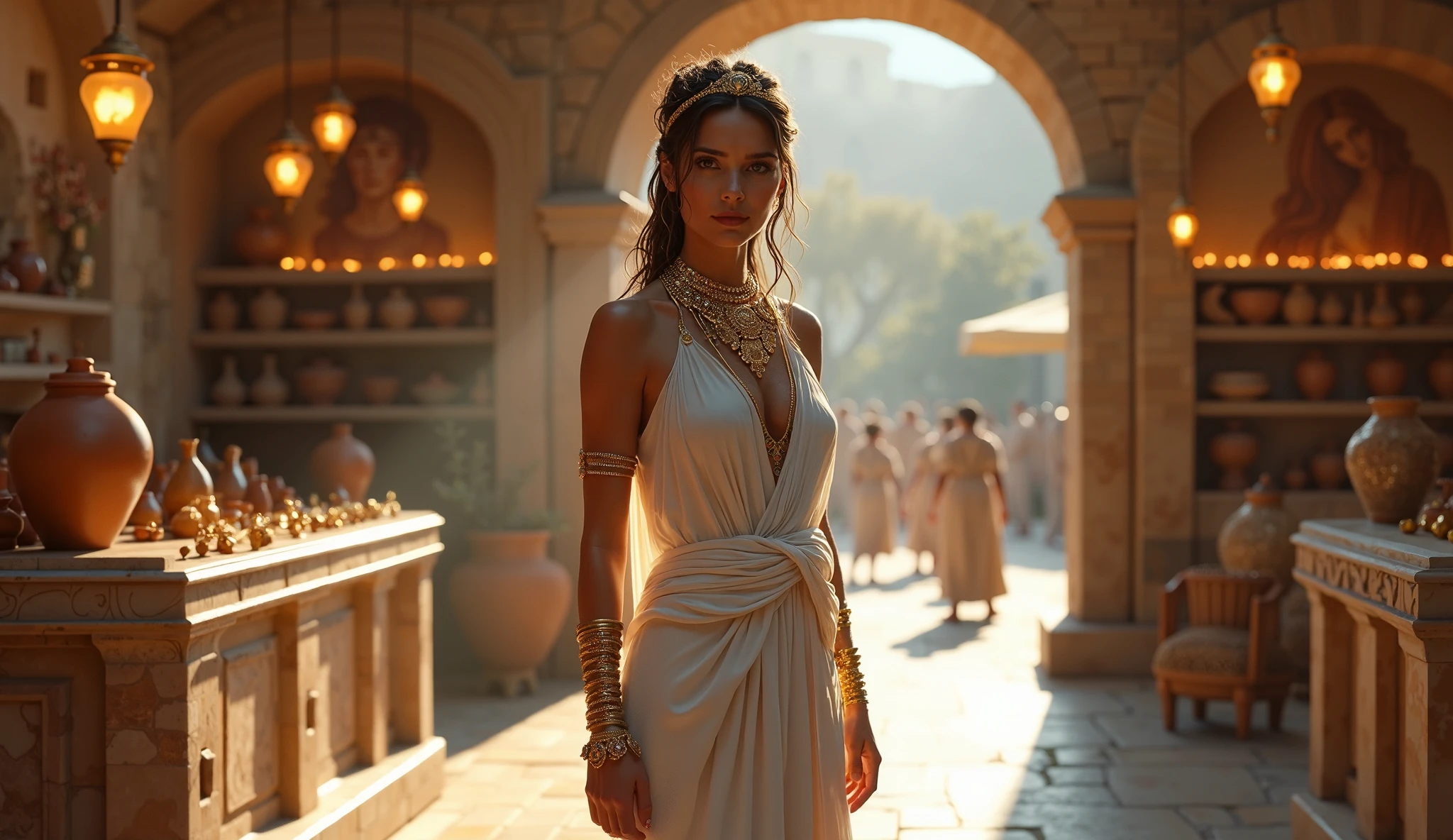 Front image of Beautyful black hair priestress in athena’s temple