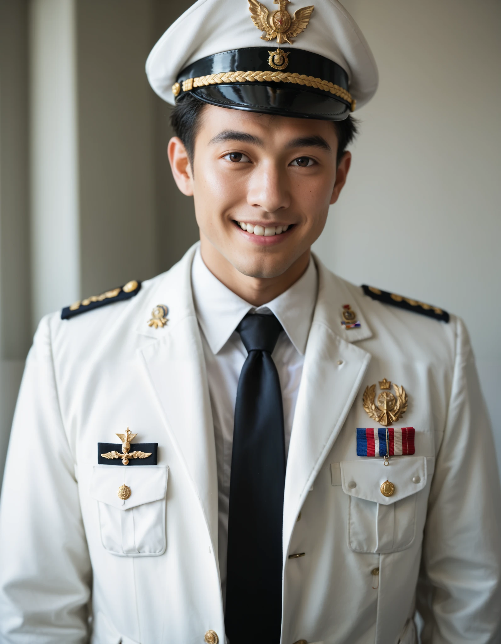 (masterpiece:1.3), (best quality:1.3), (ultra-detailed:1.3), 1boy, Asian man, young man, 20 y o, black hair, smile, potrait photo, military cap, white collared shirt, black necktie, white jacket, white coat, military uniform, rank, medals, wings, pin