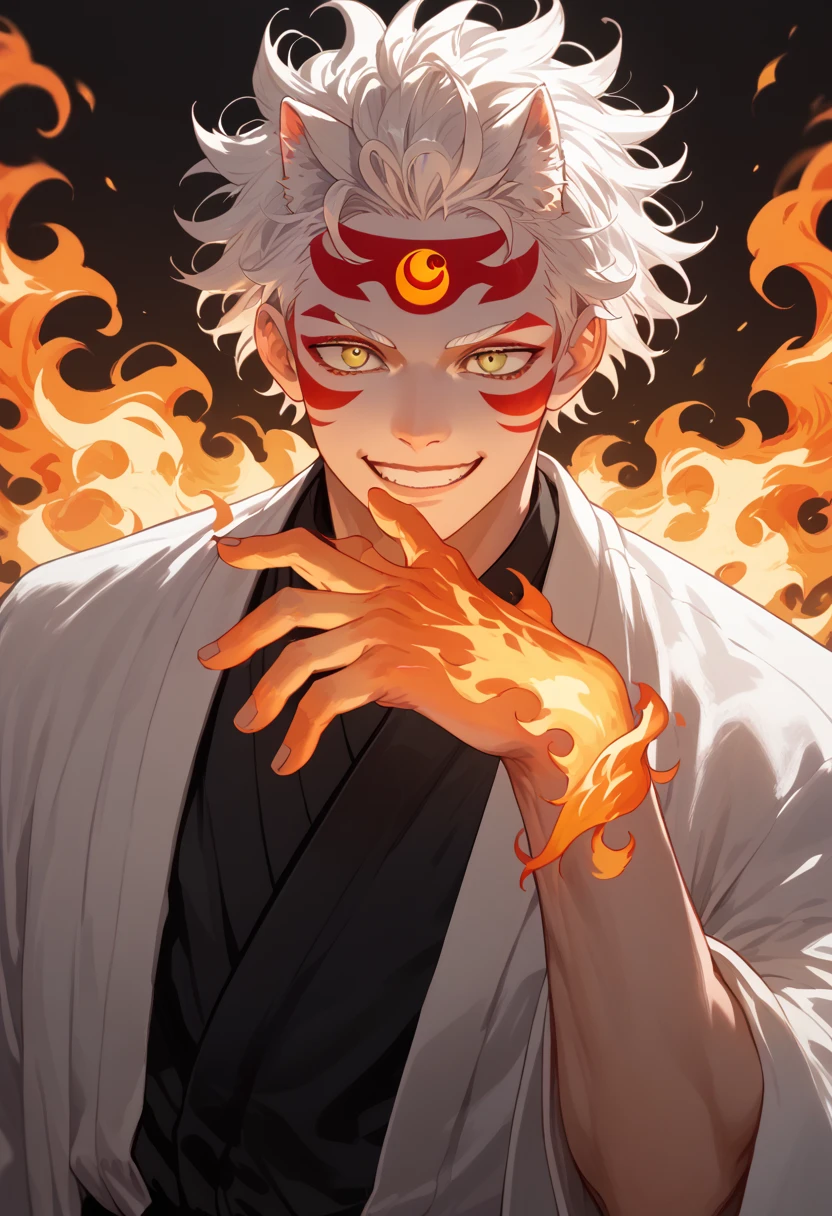 man, fiery hair, white skin, red face paint, anime style, fire powers, yellow eyes, white hair, feline-style third eye on forehead, fire in hands, smile, messy hair, athletic physique, light white kimono, black blouse underneath