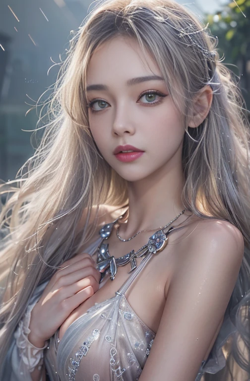 Maiden, bare skin maiden, viscous transparent liquid, tentacle licking, lying face up, hands separated by chains, struggle, pain, insertion, transparent stockings, transparent dress, silver-white hair, use ice magic, magic set, transparent eyes, transparent ice wings