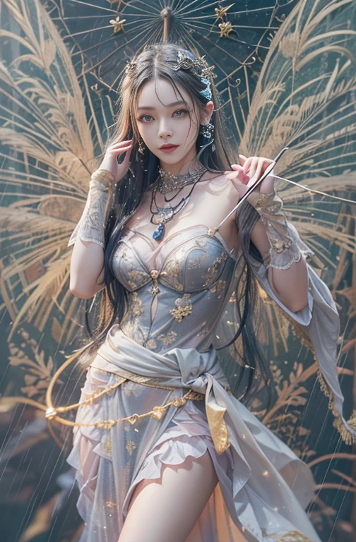 dragon_real, (extremely detailed CG 8k wallpaper, masterpiece, best quality, ultra detailed, beautiful detailed eyes: 1.2), best lighting, (best shadow, extremely delicate and beautiful bloom), the girl was surrounded by dragons, ( 1girl: 1.4), breasts, solo, full body, back tattoo, white dress, (dragon color: 1.4), bare leg, long dress,
