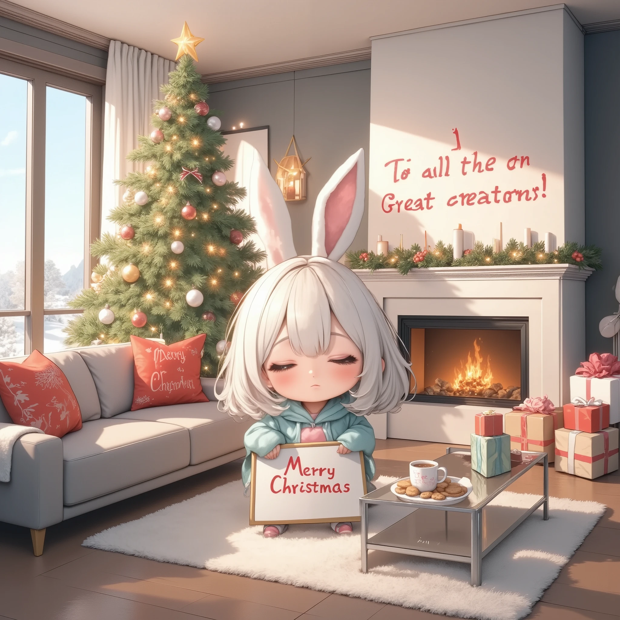 pastel anime illustration, cheerful atmosphere, 1girl\(trk, chibi, upper body,holding a white board with both hands\(cute fonts Text\(large letters "Merry Christmas!" and medium letters "To all the great creators",(that looks like handwriting)\)\)\),background\(stylish and modern living room with sleek furniture and warm lighting, the centerpiece is a tall Christmas tree adorned with sparkling ornaments, golden ribbons, and twinkling fairy lights, a star-shaped topper glowing brightly at the top, neatly wrapped presents in vibrant holiday-themed wrapping paper are stacked around the base of the tree, a comfortable gray sectional sofa is decorated with red and green throw pillows, a soft faux fur blanket draped casually over one armrest, a minimalist fireplace is built into the wall, its mantle decorated with pine garlands, candles, and hanging stockings embroidered with names, above the fireplace is a large mirror reflecting the warm glow of the lights, the floor-to-ceiling windows are partially covered with sheer white curtains, through which a snowy winter landscape is visible, a cozy rug in soft cream tones lies in the center of the room, accented by a sleek glass coffee table topped with a tray of hot cocoa mugs and holiday cookies, the overall atmosphere is festive yet elegant, blending modern design with the warmth of Christmas traditions\)
