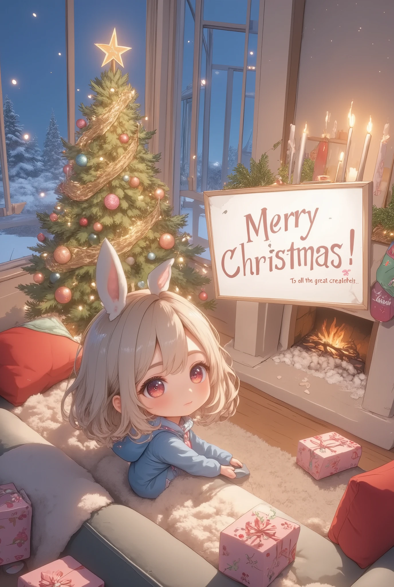 pastel anime illustration, cheerful atmosphere, trk,1girl\(trk, chibi, upper body,holding a white board with both hands\(cute fonts Text\(large letters "Merry Christmas!" and small letters "To all the great creators",(that looks like handwriting)\)\),
\),background\(stylish and modern living room with sleek furniture and warm lighting, the centerpiece is a tall Christmas tree adorned with sparkling ornaments, golden ribbons, and twinkling fairy lights, a star-shaped topper glowing brightly at the top, neatly wrapped presents in vibrant holiday-themed wrapping paper are stacked around the base of the tree, a comfortable gray sectional sofa is decorated with red and green throw pillows, a soft faux fur blanket draped casually over one armrest, a minimalist fireplace is built into the wall, its mantle decorated with pine garlands, candles, and hanging stockings embroidered with names, above the fireplace is a large mirror reflecting the warm glow of the lights, the floor-to-ceiling windows are partially covered with sheer white curtains, through which a snowy winter landscape is visible, a cozy rug in soft cream tones lies in the center of the room, accented by a sleek glass coffee table topped with a tray of hot cocoa mugs and holiday cookies, the overall atmosphere is festive yet elegant, blending modern design with the warmth of Christmas traditions\)
