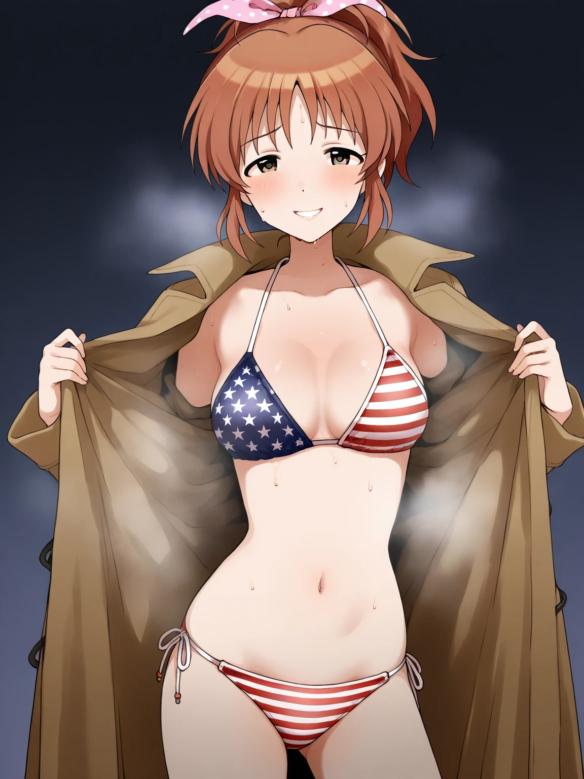 score_9, score_8_up, score_7_up, ginger hair, pigtails, braided pigtails, freckles, pale  green eyes, red eyeshadow, 1girl, solo, outdoors, beach, flag bikini, american flag bikini, American flag, tomboy, shy, blush, kneeling, choker