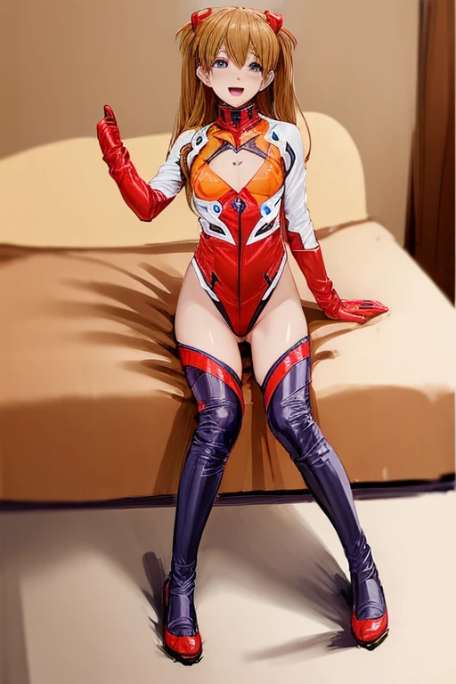 (( top quality )), ((masterpiece)), (be familiar with),  perfect face, indoor, bedroom,  Watching Viewers ,
One woman,  Soryu Asuka Langley,
 open mouth,  ecstatic expression beside the piano, blush, smile,
 small tits,  flat chest, Young girl, Lori,  s,  girl,
 long hair,  twin tails,
Leg spread,