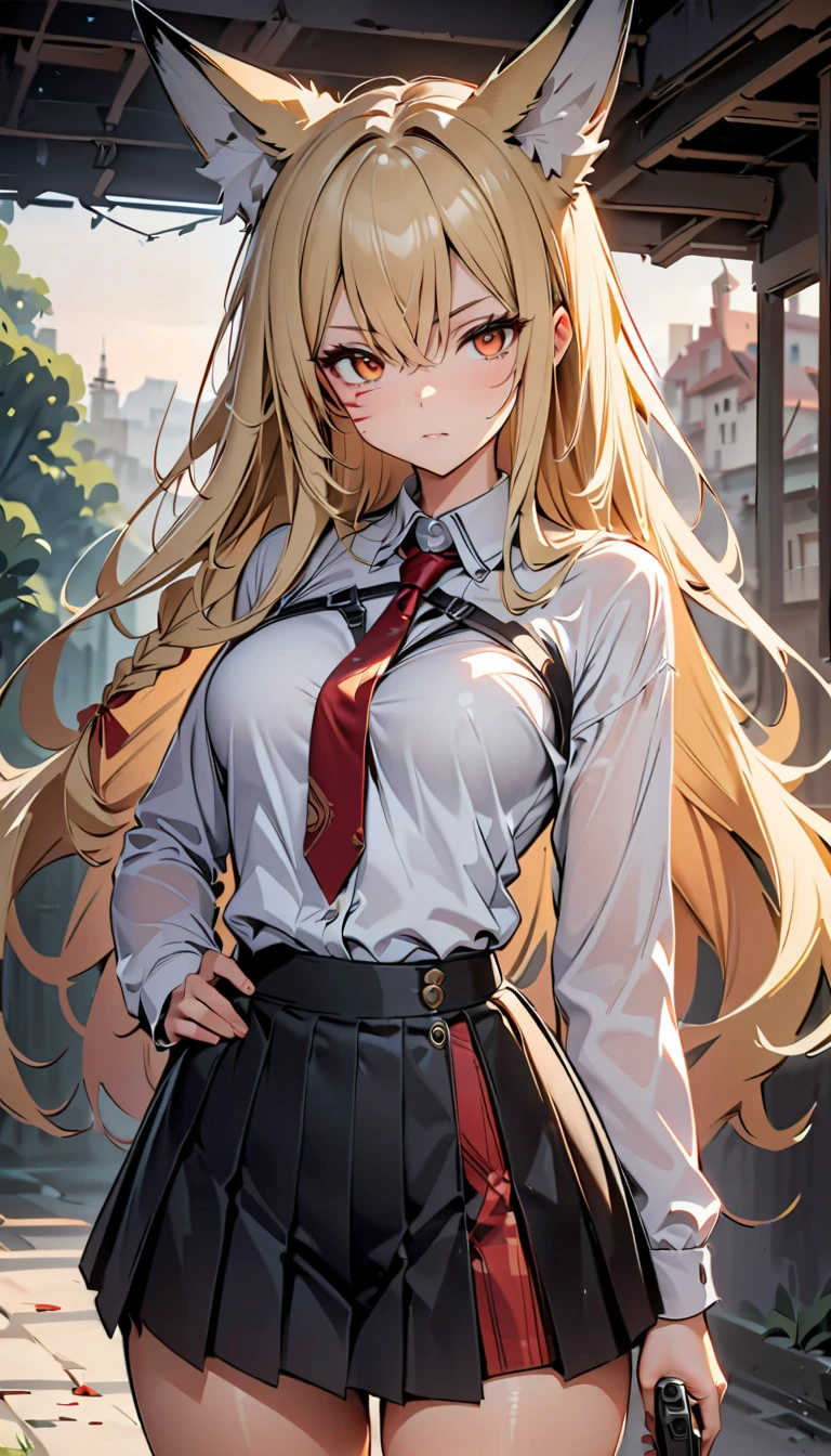 Anime girl in a short dress with a red tie and stockings ((Very detailed, masterpiece, Absurd))
TKN Lili, One Girl, alone, Long Hair, bangs, blonde, blue eyes,White Dress,Upper Body,(Skirt lift front),Panty shot