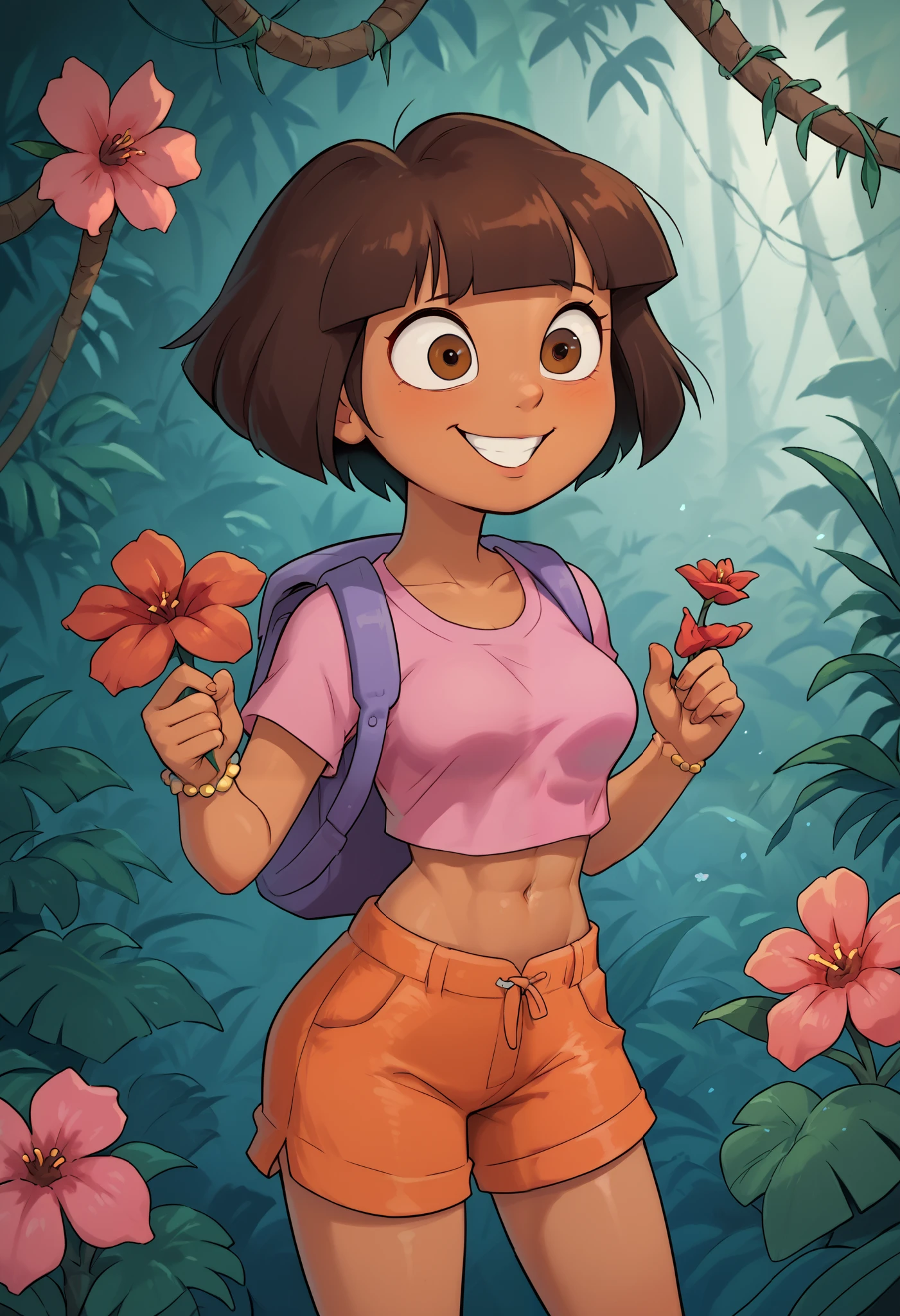  solo, cute, medium breasts, Dora, crazy eyes, worried, smile, holding a flower, red flower, brown eyes, in a jungle outdoors, dark-skinned female, bob cut, (pink shirt), crop top, bare midriff, loose shirt, (orange shorts), bracelet, backpack, (slender athletic body), 