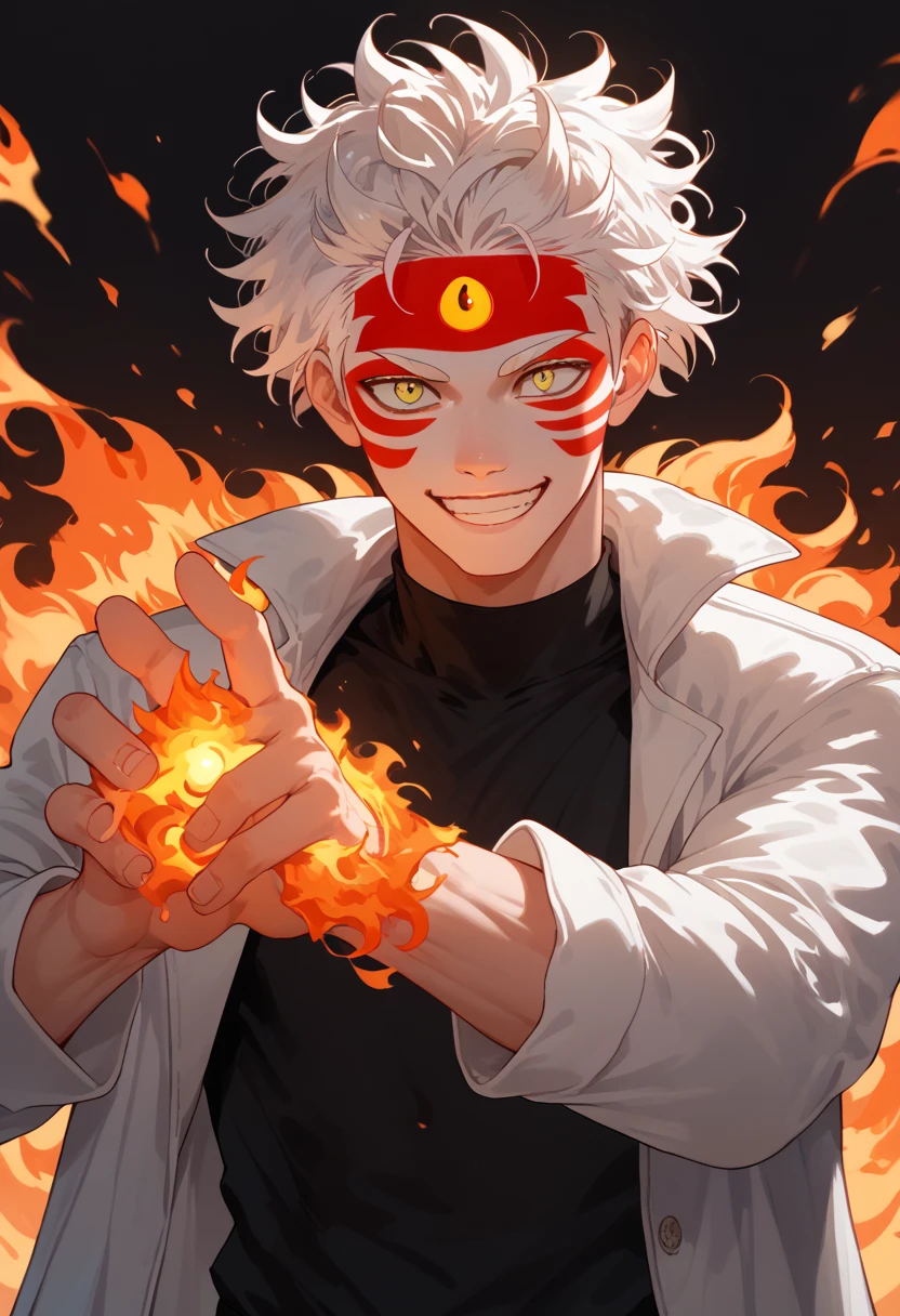 man, fiery hair, white skin, red face paint, anime style, fire powers, yellow eyes, white hair, cat-like third eye on forehead, fire in hands, smile, messy hair, athletic physique, light white jacket, black shirt underneath, standing,