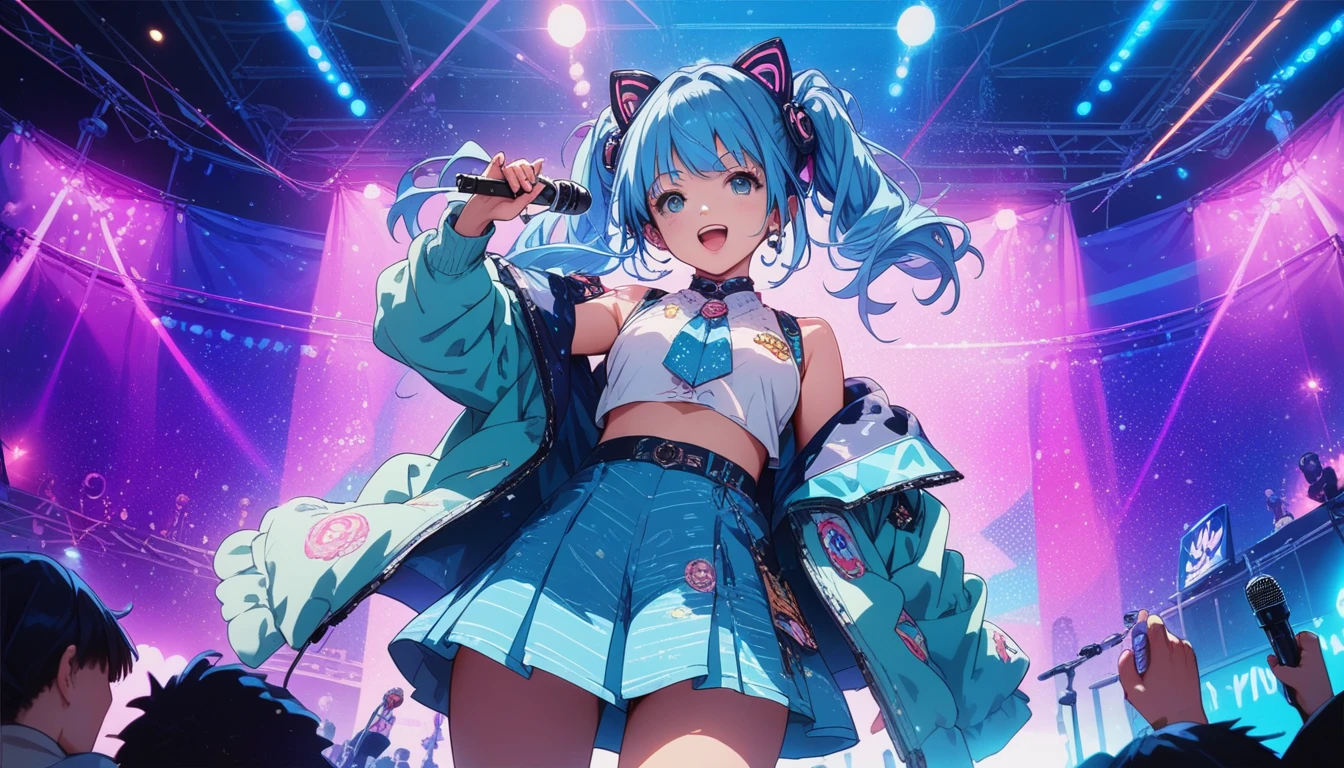 mid shot, side front view of a anime blue hair girl, cute face, erio towa anime girl,anime microphone, singing on microphone, standing against the futuristic stage, anime singer, high quality, bright and vibrant color, best quality,