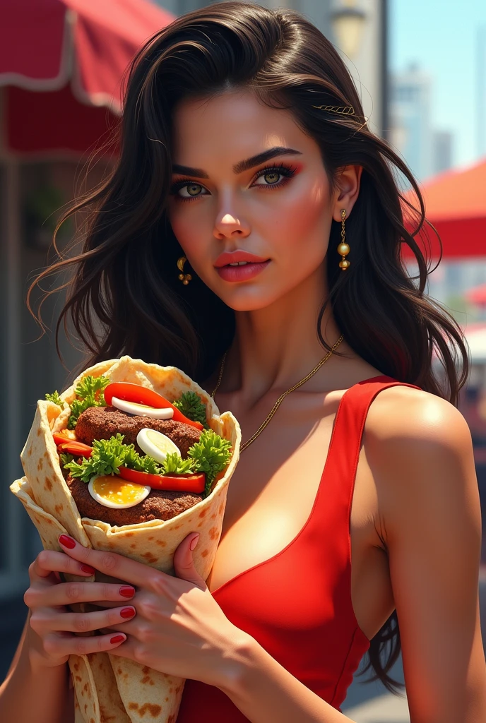 ,  woman,  closeup upper body, middle shot, 
marie dashkova style,macro photography,
([Sophia( :0)Loren|Scarlett( :0)Johansson| Kate( :0)Mara]:0.9), shadowy,
Red , 
 highres, detailed, cute,, realistic, 
Street market and exotic spices at the background, best quality, masterpiece,
