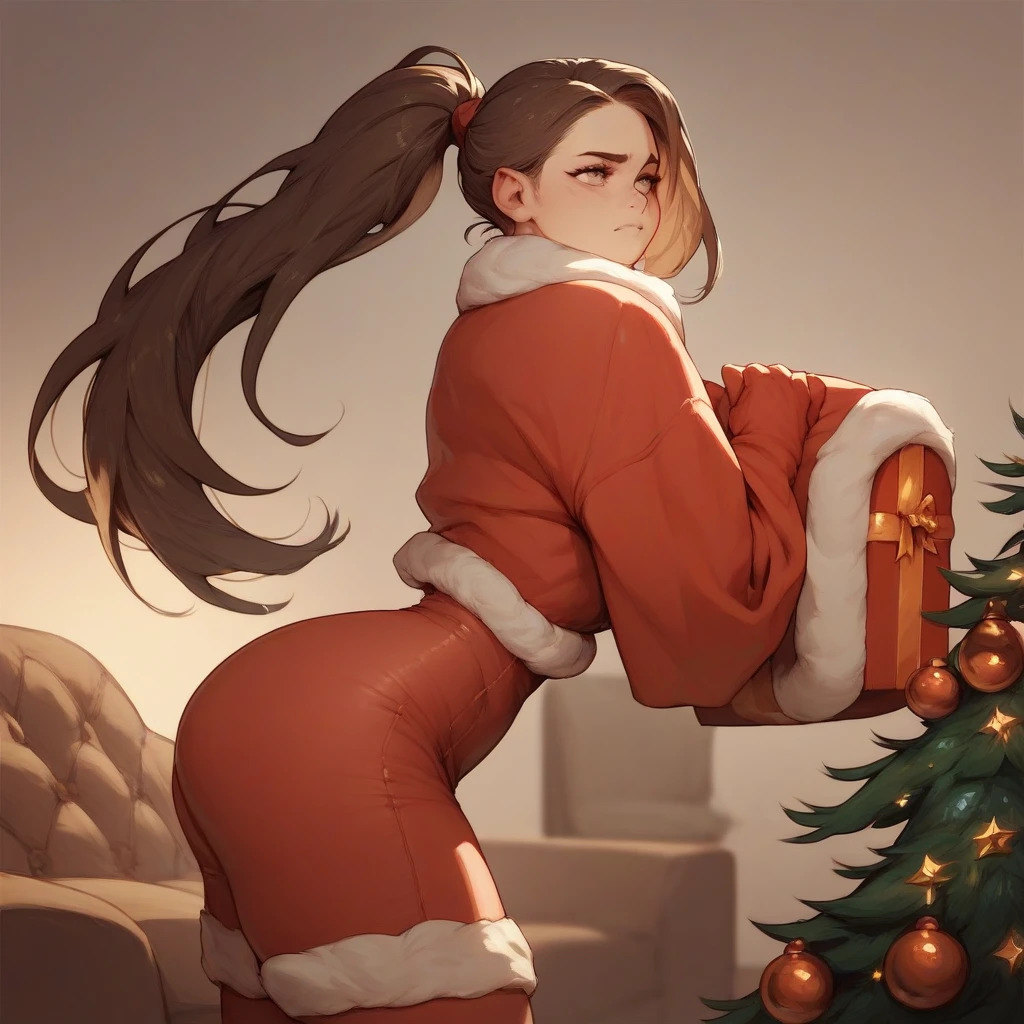 A girl with a fair skin, long dark brown hair tied into a tight high topknot style waist length ponytail with parted bangs and light brown eyes as she wears a shoulder off Christmas outfit on living room