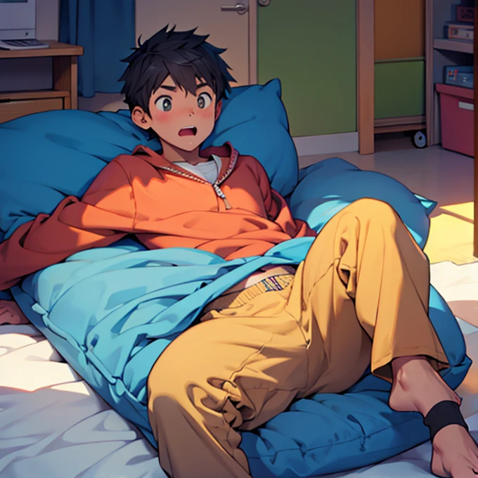 Surprised boy getting into a futon