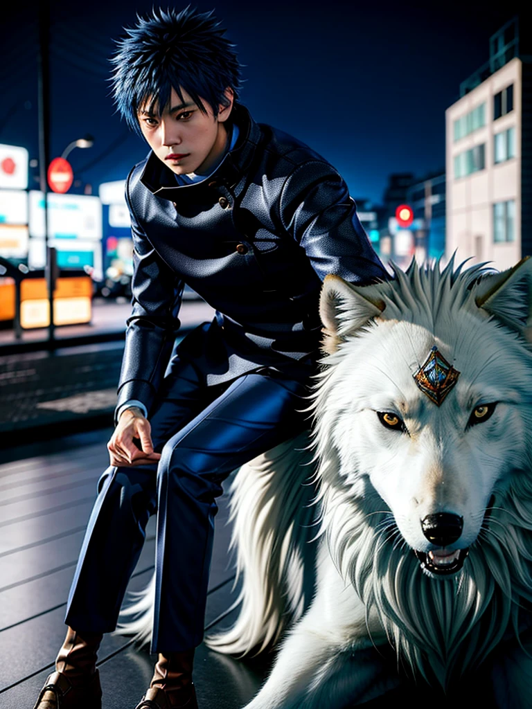 masterpiece, best quality, ultra-detailed, texture, detail eyes,8k, 1boy, Megumi a man in a blue coat and blue pants, default_outfit , doing a fighting stance, white wolf in the background,  looking at viewer,  detailed eyes, detailed face, (masterpiece:1.4),(best quality:1.4),(shiny skin),realistic, bright, neon lights, night, midnight, city, cyberpunk, light ,   