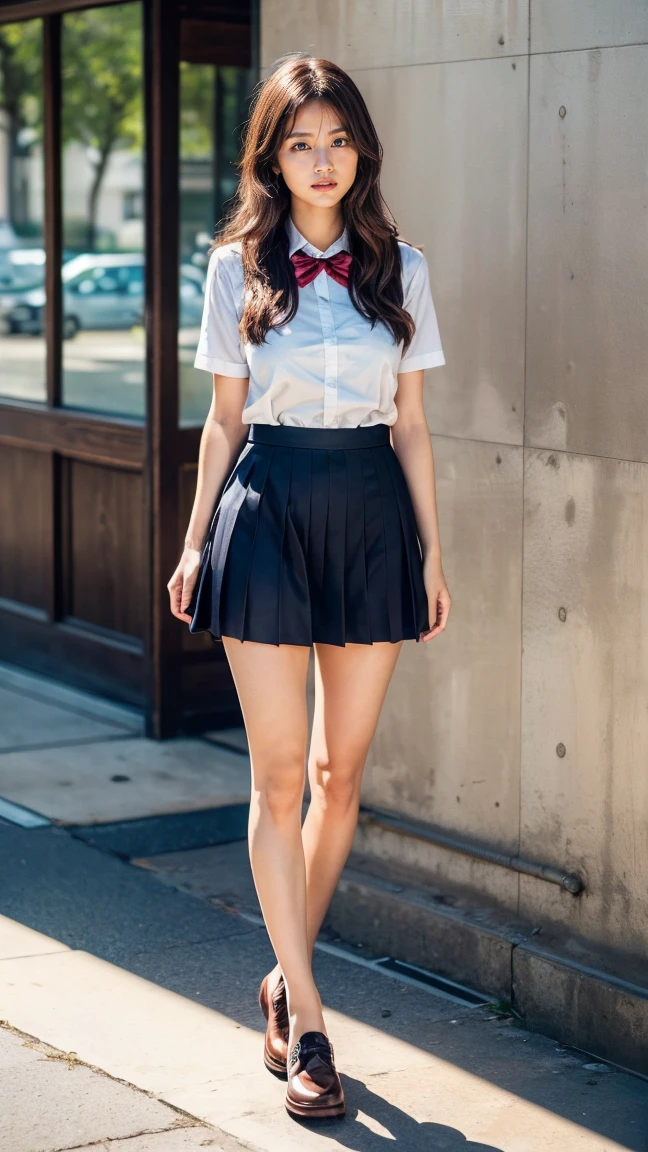 a beautiful 18 year old Japanese high school girl with perfect anatomy, healthy thighs, beautiful legs, beautiful skin, random hair color and style, large breasts, (wearing a Japanese schoolgirl uniform:1.3), (she is standing:1.2), penny loafers, holding a student bag, full body shot, standing on a city street, (best quality,4k,8k,highres,masterpiece:1.3),(extremely detailed:1.2), photorealistic, ultra-detailed, vivid colors, studio lighting, professional, Kasumi Arimura