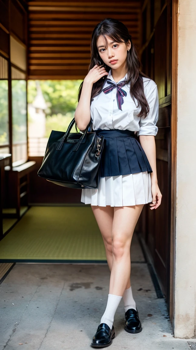 a beautiful 18 year old Japanese high school girl with perfect anatomy, healthy thighs, beautiful legs, beautiful skin, random hair color and style, large breasts, (wearing a Japanese schoolgirl uniform:1.3), (she is standing:1.2), penny loafers, holding a student bag, full body shot, standing on a city street, (best quality,4k,8k,highres,masterpiece:1.3),(extremely detailed:1.2), photorealistic, ultra-detailed, vivid colors, studio lighting, professional, Kasumi Arimura