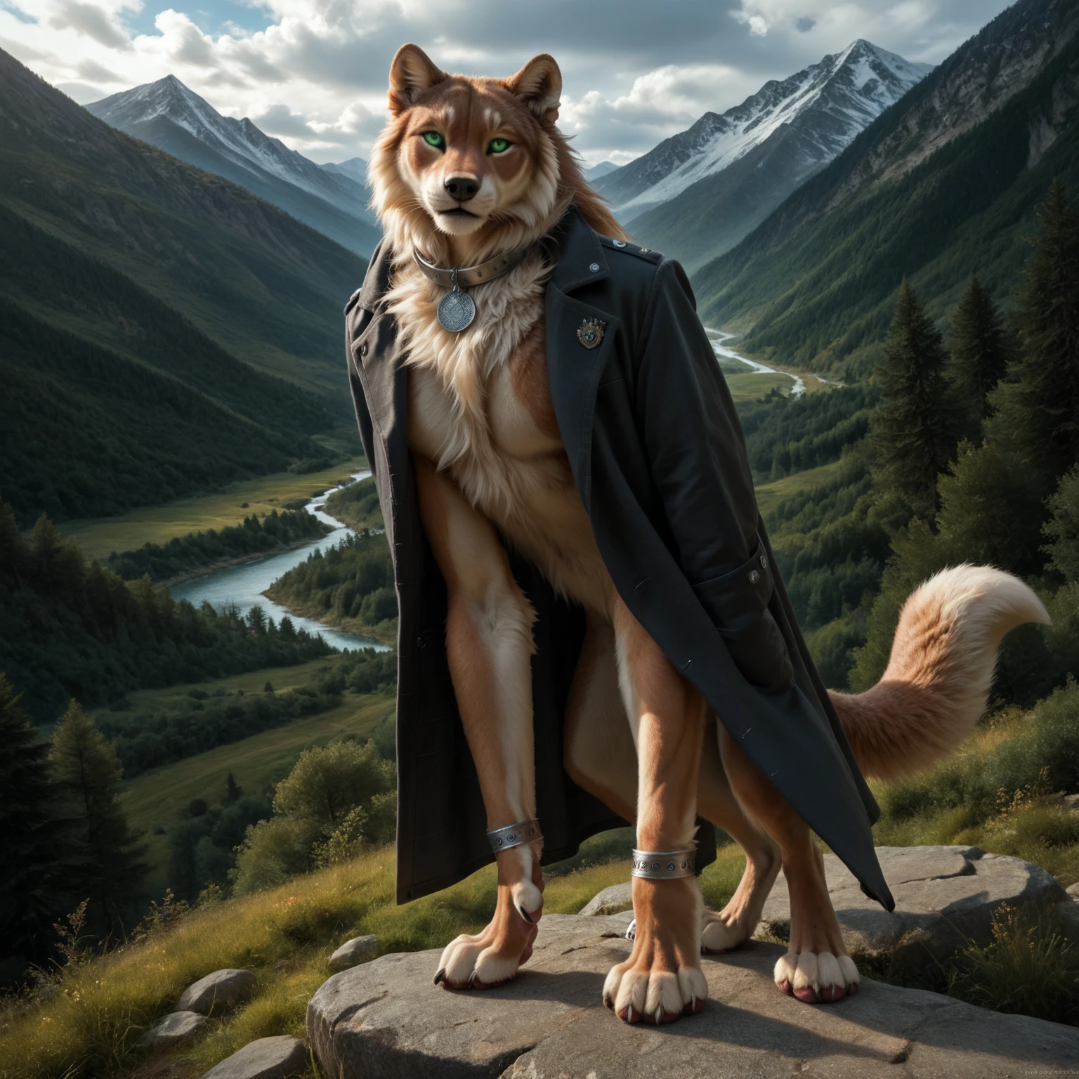 score_9, score_8_up, score_7_up, score_6_up, glutton, male, with mane, anthro, stands, human-like hands, (detailed background), nature, in the high mountains, fur, (solo), high quality, furred body, paws, handpaw, fluffy, silver bracelets on all legs, silver bracelets on the calf, with claws, silver collar with medallion, intense panther-coat-pattern on the entire body, makes grimaces, strong dark coat markings, (detailed eyes, green eyes), slightly muscled, highly detailed, realistic fur, beautiful, photorealism, photorealistic, dslr, photo, full body, pawpads, paw pads, dutch angle