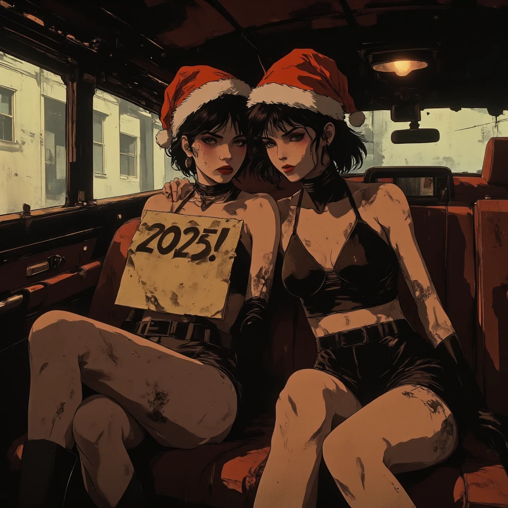 A cinematic ultra realitic photo of Two cute goth in dark gothic sitting in a brown red sofa, ((Skinny anorexic bodys)), slim arms, narrow hips, extremely long anorexic legs. Hairstyles: short dark hair . Santa hats has devil black horns on there heads. Squished together in the limousine, arms around the shoulder of her white girlfriend . ((the girl on the left is holding i paper sign with the text "2025!")), 