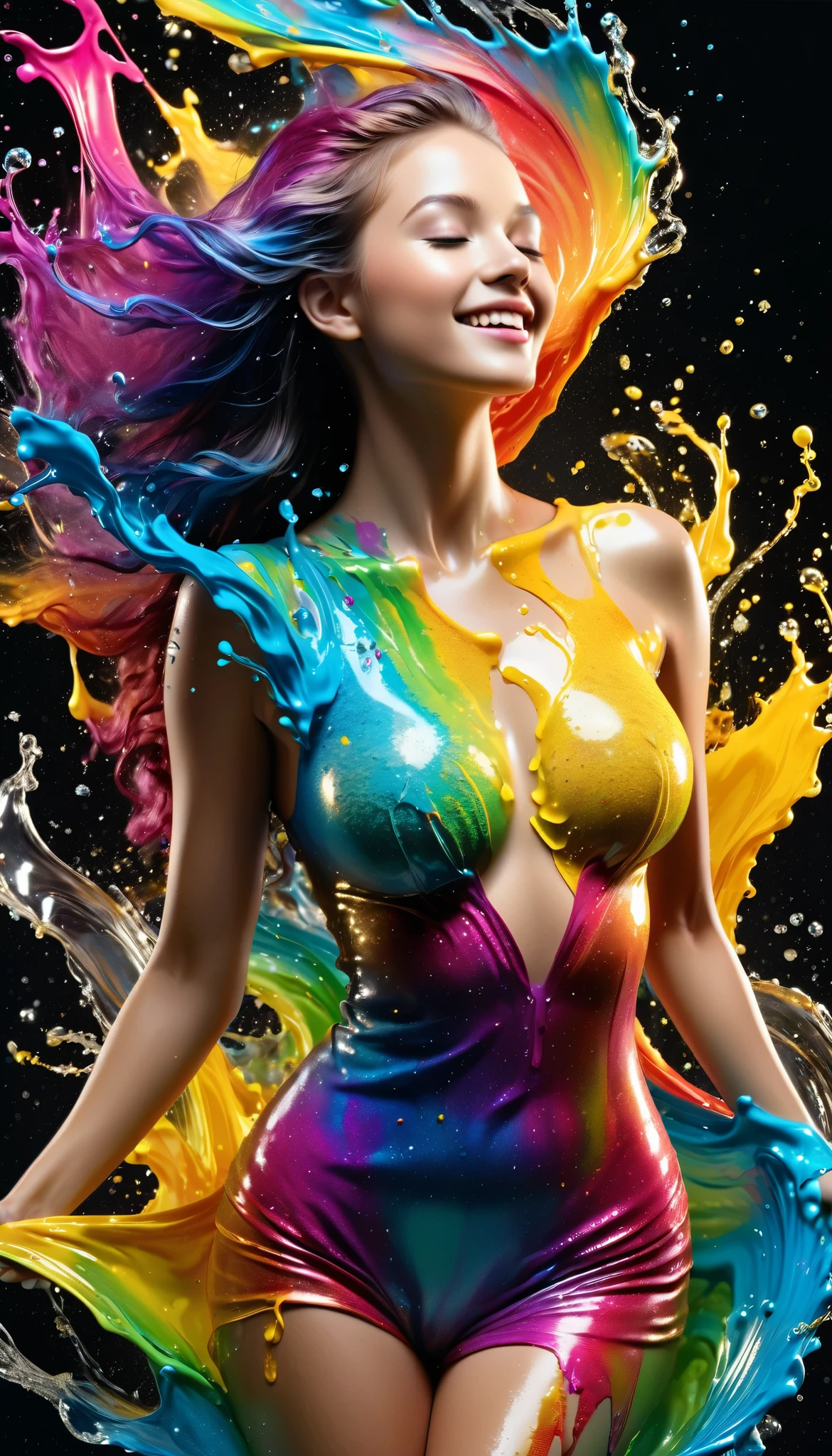 Expresses the flow of ink dancing on the wind,watereffects,colorful water,goddess:govern the arts:Manipulating water:rich hair:sleeoing:perfect face:beautiful::healthy,Ink splash,glitter,Brightly colored,light reflection,rich colors,Abstract,3D,8K,High resolution,masterpiece,high quality,Detailed details,Colors of the rainbow,laugh mischievously,tricky,design,fun,bright colors,splash of water,invite you to the world of art,Brilliant,dim background((( big hips, breast)))