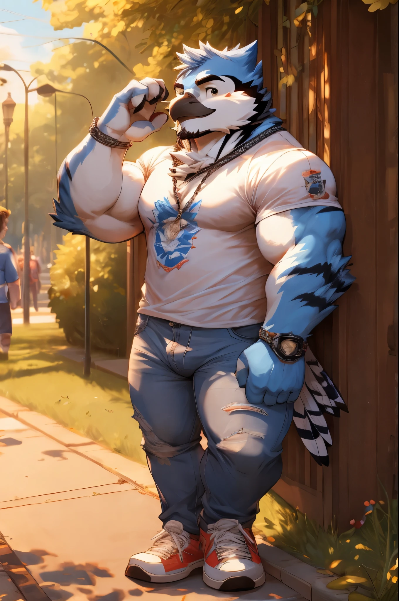 Furr,y, blue Jay, man, young, muscular, short beard, short hair, feather, short-sleeved t-shirt, jeans, jeans bulge, headphones, silver nefklace, park