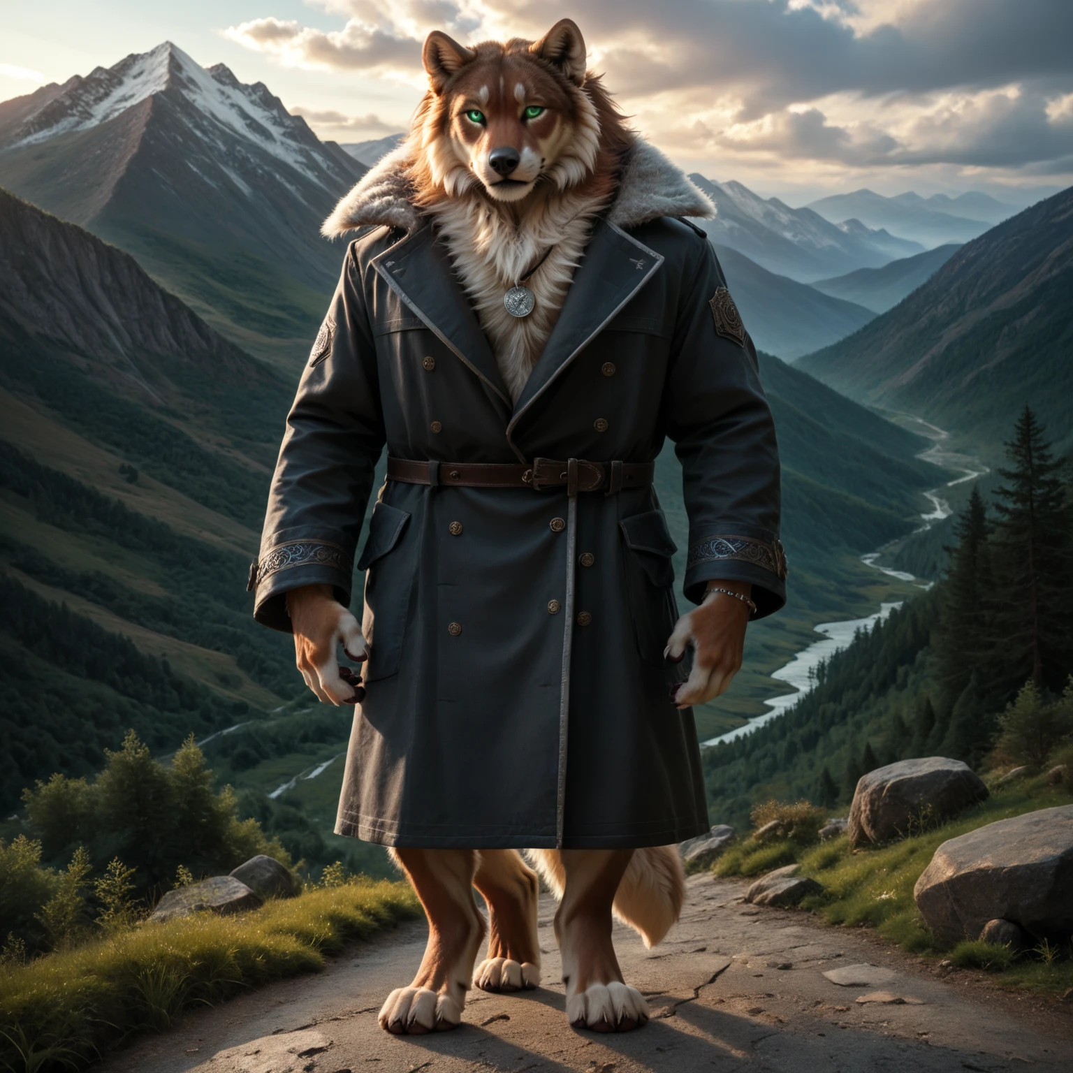 score_9, score_8_up, score_7_up, score_6_up, glutton, male, with mane, anthro, stands, human-like hands, (detailed background), nature, in the high mountains, fur, (solo), high quality, furred body, paws, handpaw, fluffy, silver bracelets on all legs, silver bracelets on the calf, with claws, silver collar with medallion, intense coat-pattern on the entire body, strong dark coat markings, (detailed eyes, green eyes), slightly muscled, highly detailed, realistic fur, beautiful, photorealism, photorealistic, dslr, photo, full body, pawpads, paw pads, dutch angle