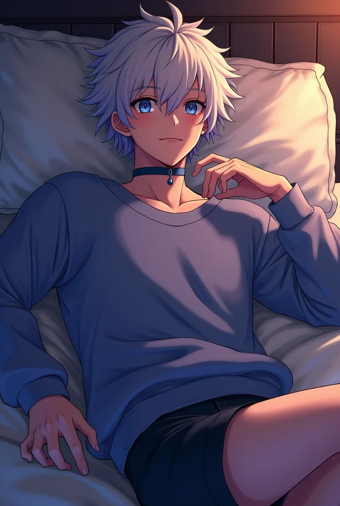  Full body screenshot of My Hero Academia ,  anime man with platinum blonde hair with purple tips,  short hair, silky and wavy ,  sky blue eyes,  full lips, dense eyelashes, soft leather, femboy, soft features,  ears and tail  ,overzise sweatshirt , little waist,  room, Evening, lying down, Lights, Delicate,  seductive, inviting, female boy, Delicate, beautiful,  small ,  dark room , Evening, white fox, cunning, knees, blue choker, semi-realistic